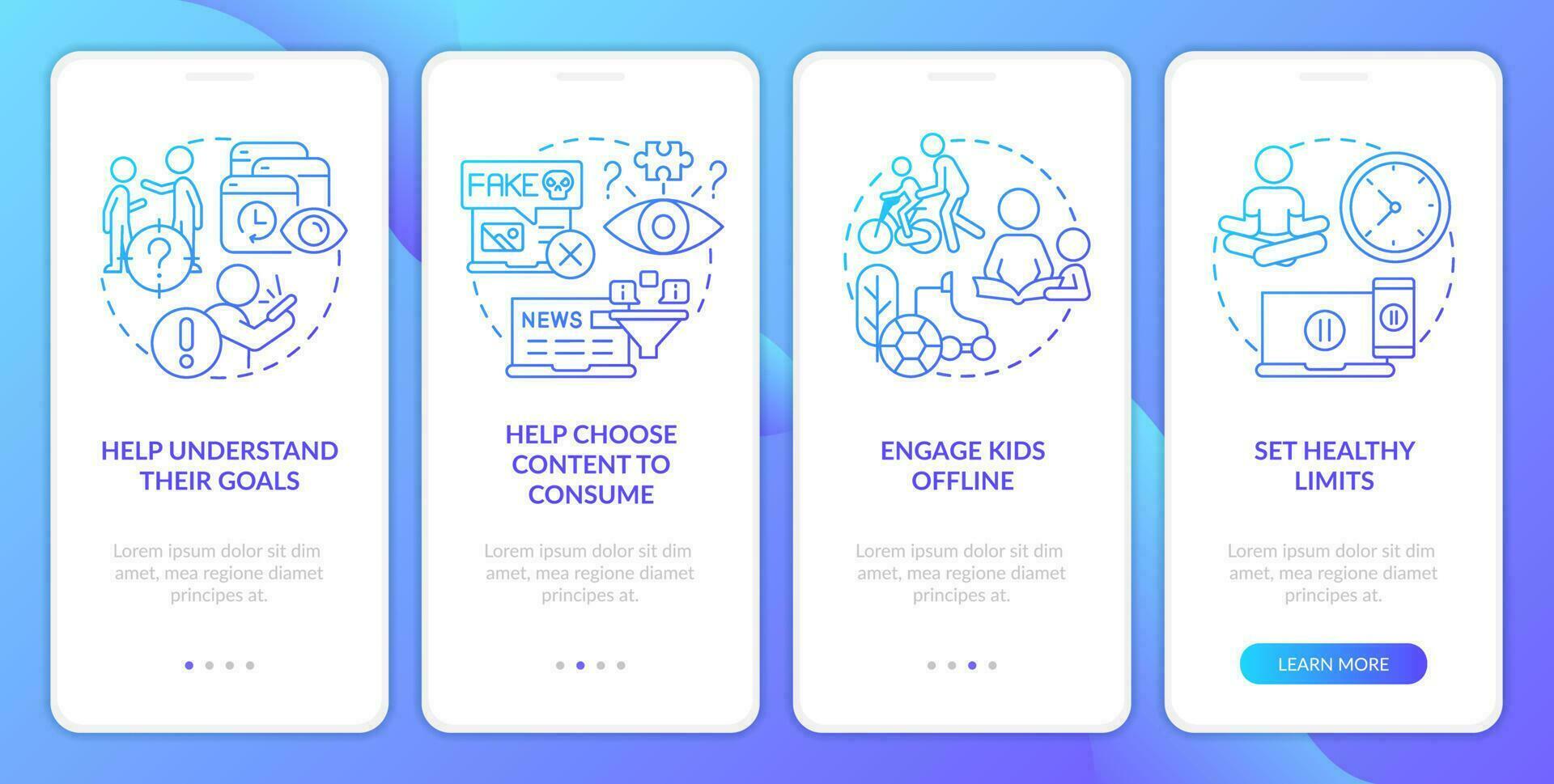 Teen device addiction tips blue gradient onboarding mobile app screen. Walkthrough 4 steps graphic instructions with linear concepts. UI, UX, GUI template vector