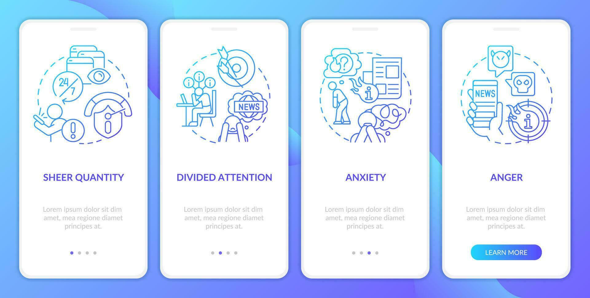 Absorb too much news blue gradient onboarding mobile app screen. Walkthrough 4 steps graphic instructions with linear concepts. UI, UX, GUI template vector