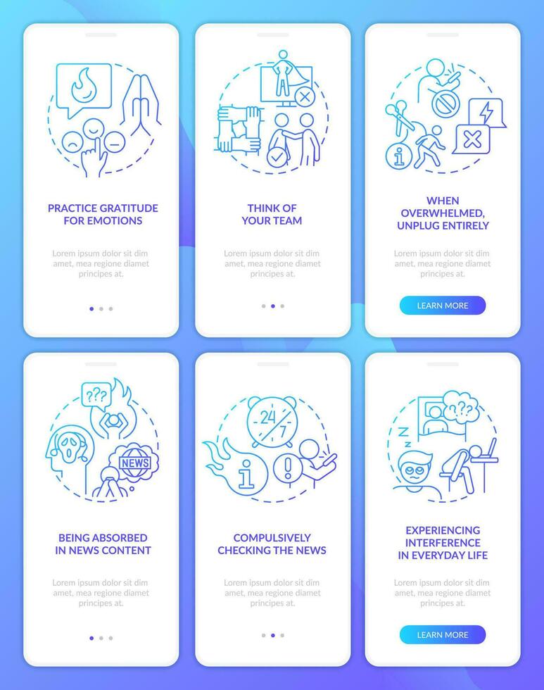 News overload blue gradient onboarding mobile app screen set. Walkthrough 3 steps graphic instructions with linear concepts. UI, UX, GUI template vector