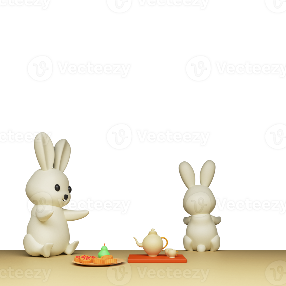3D Render of Cute Bunnies With Mooncakes Plate, Tea Kettle And Cups. png