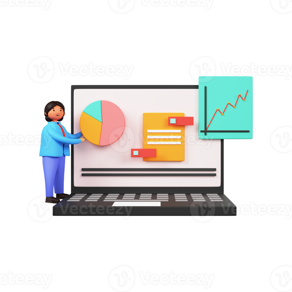 3d rendere di donna d'affari mostrando Infografica diagramma nel il computer portatile schermo. png