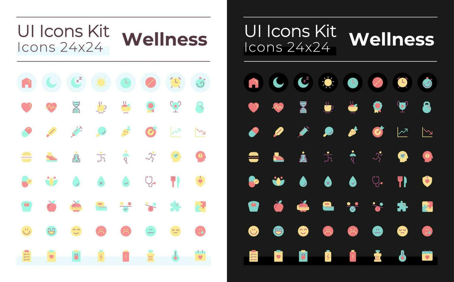 Wellness flat color ui icons set for dark, light mode. Active and healthy lifestyle. GUI, UX design for mobile app. Vector isolated RGB pictograms