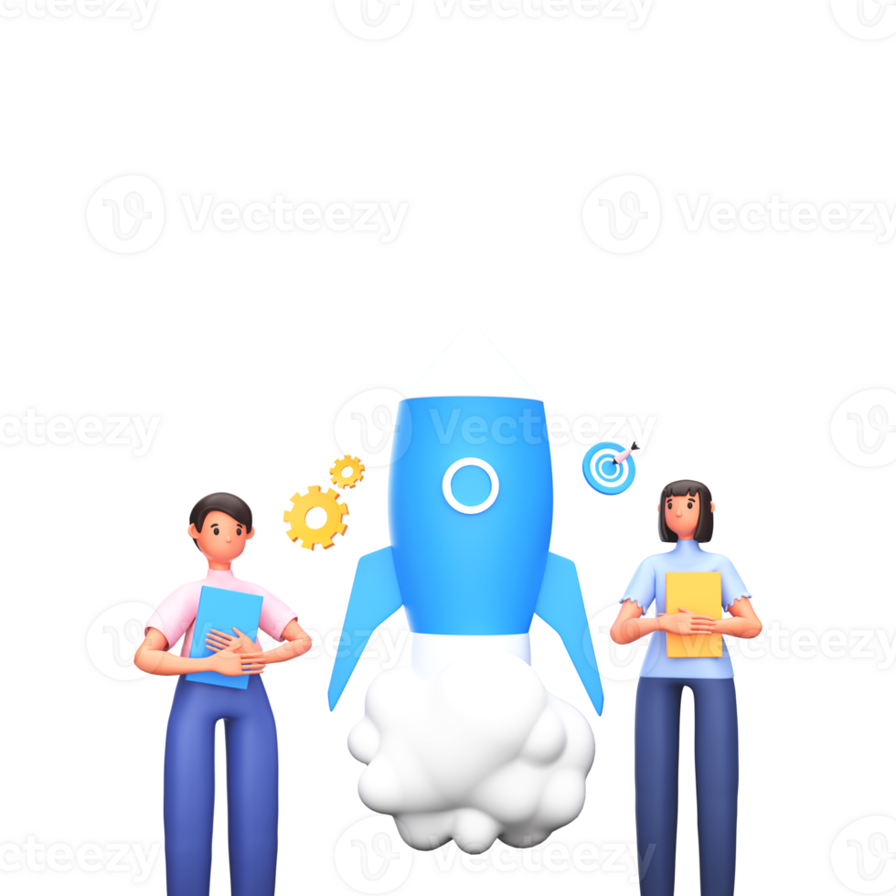 3D Render of Business Man And Woman Launching A Project of Rocket png