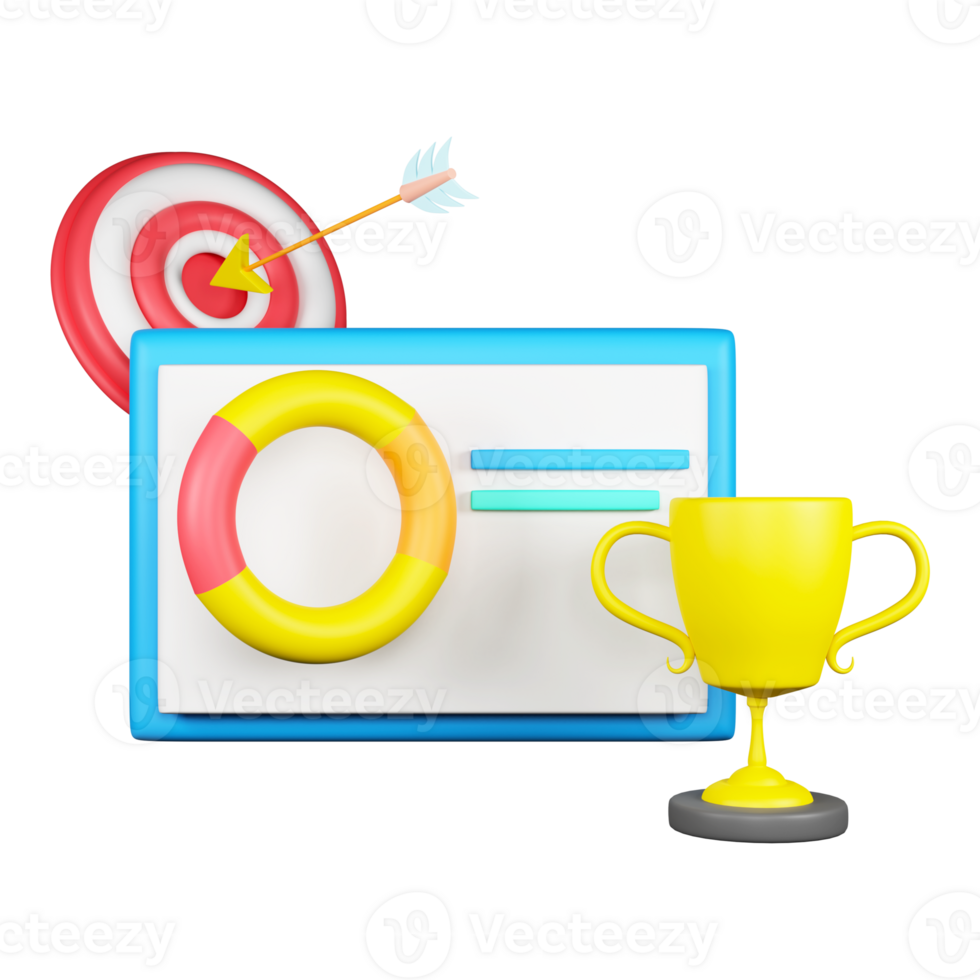 3D Rendering of Infographic Chart With Dartboard And Trophy Cup. png