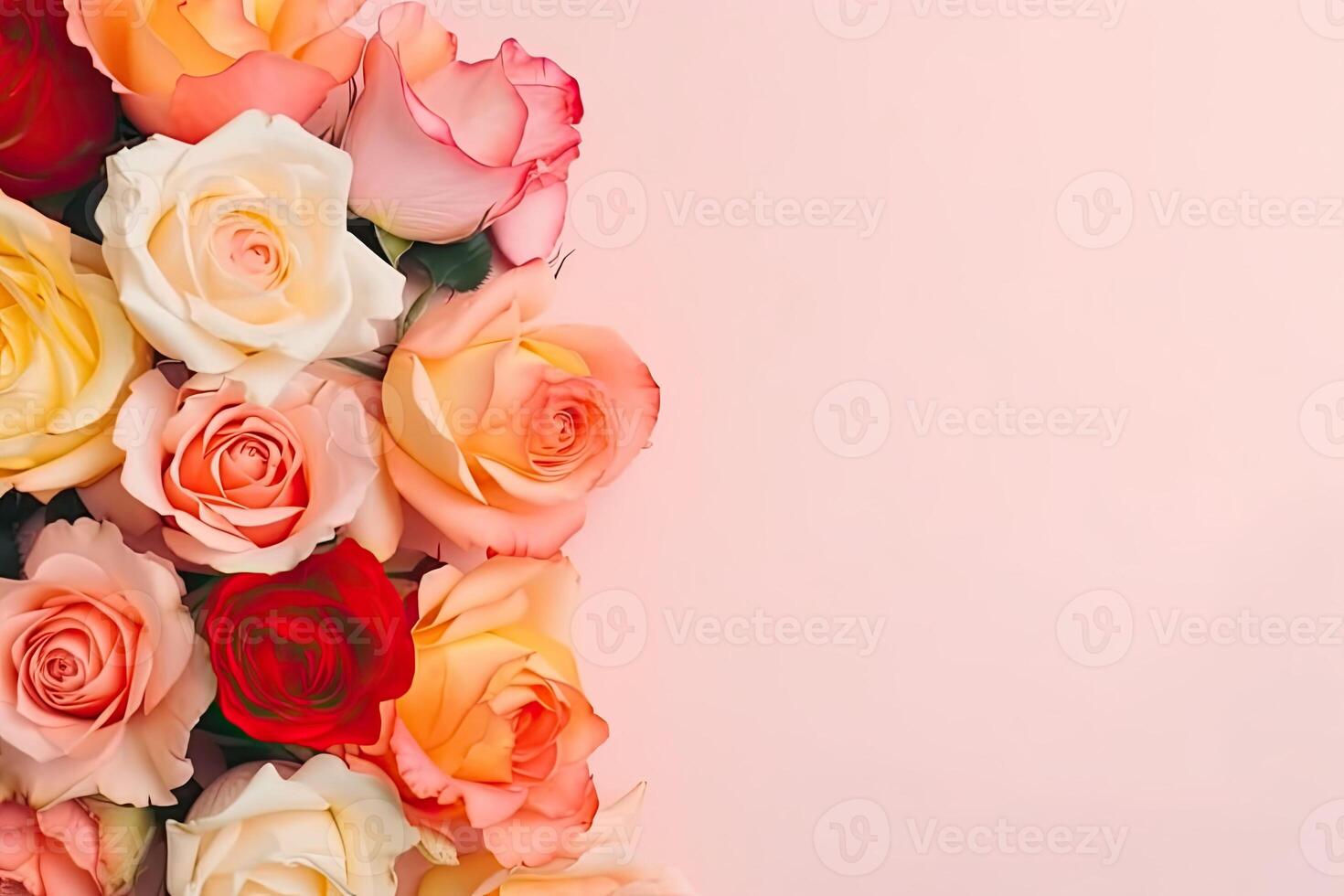 Spring rose flowers bouquet on blue pastel background top view in flat lay style. photo