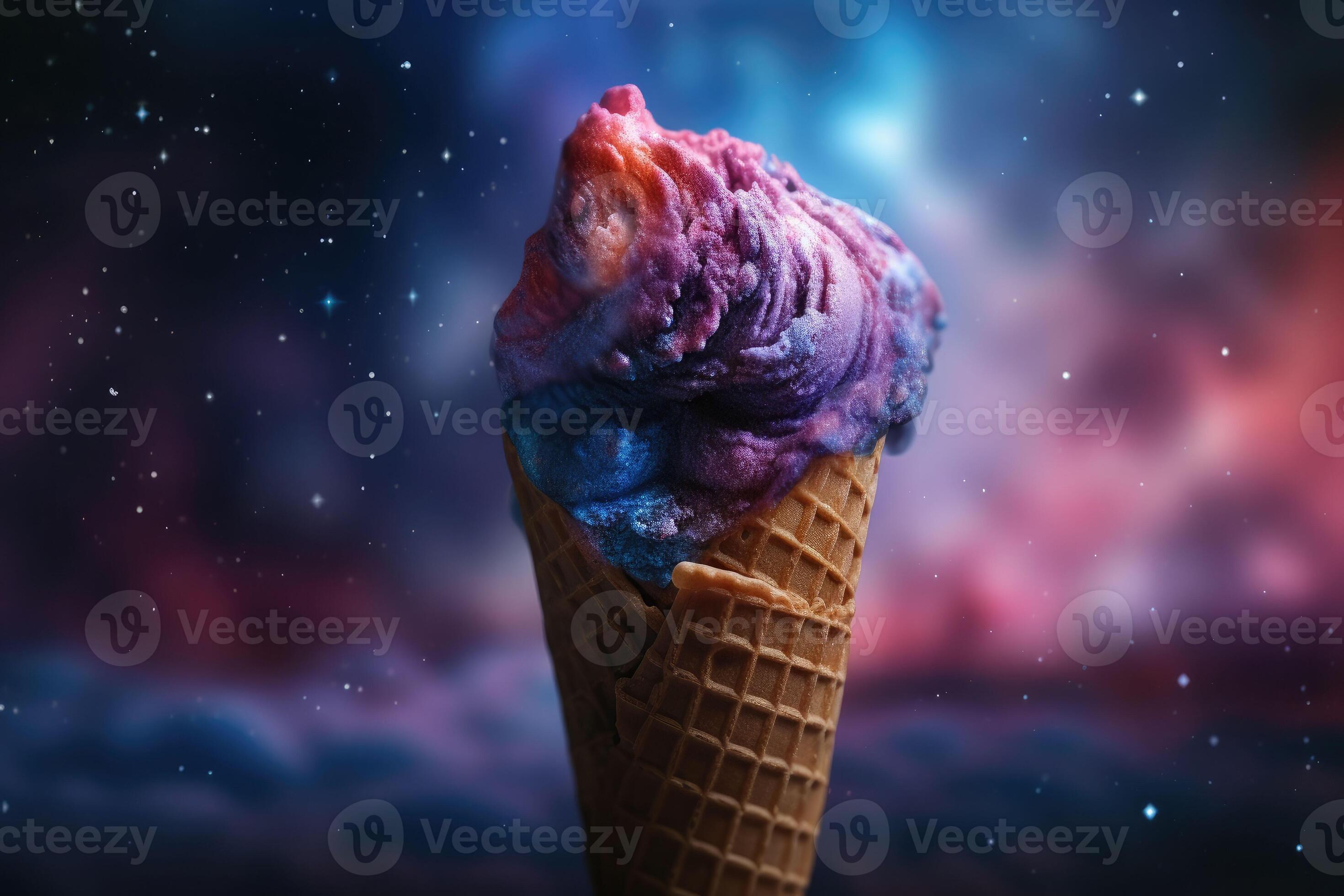 Colorful ice cream on space background. Ice Cream scoop in waffle cone