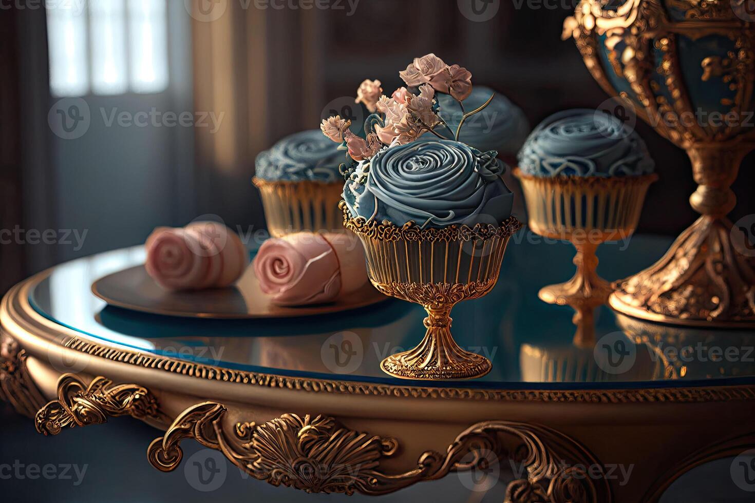Colourful cupcakes on ornate glass tables with golden accents in royal bedroom covered with flowers. photo
