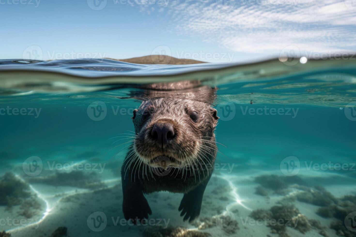 A cute sea otter swimming underwater. Waves on a sandy beach above water. photo