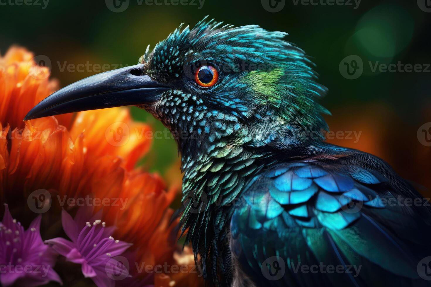 Colored tropical bird and beautiful surreal flowers. photo