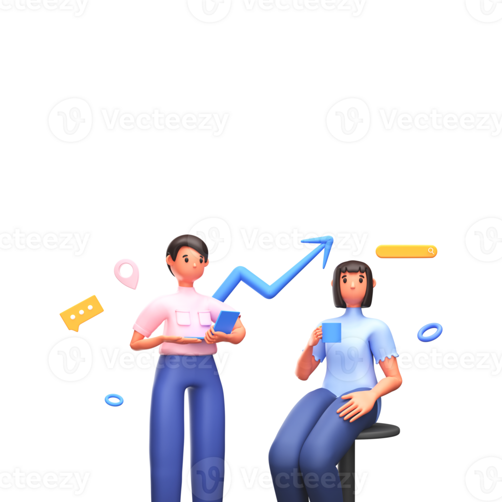 3D Render of Male And Female Employee With Growth Arrow Chart, Location Pin, Search Engine, Chat Box. png