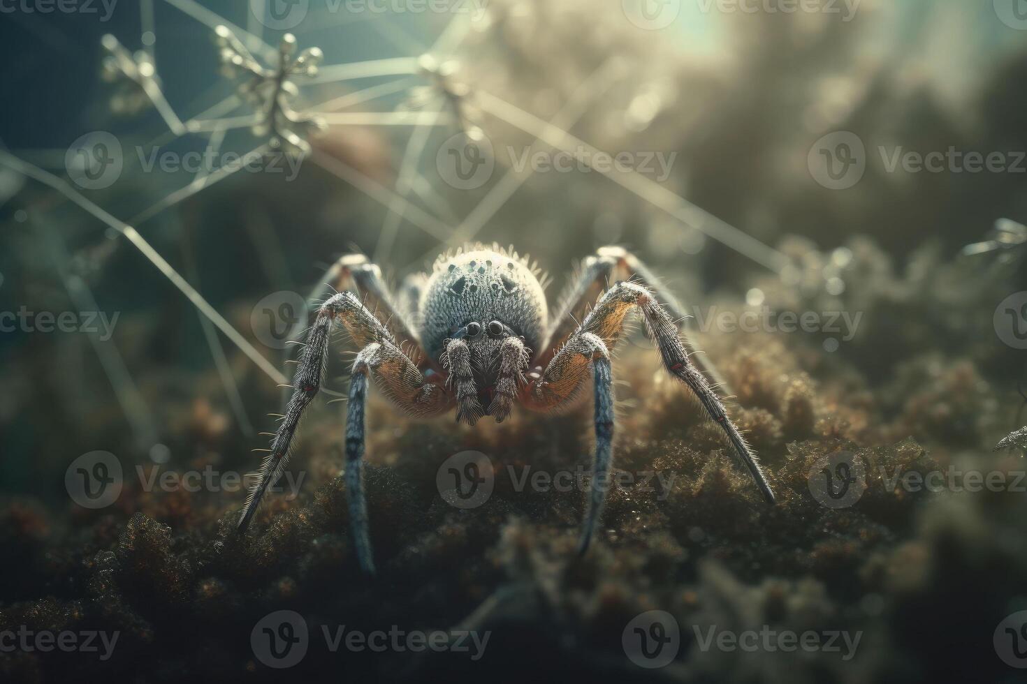 A closeup view of a spider in a natural environment. The arachnid in the forest. photo