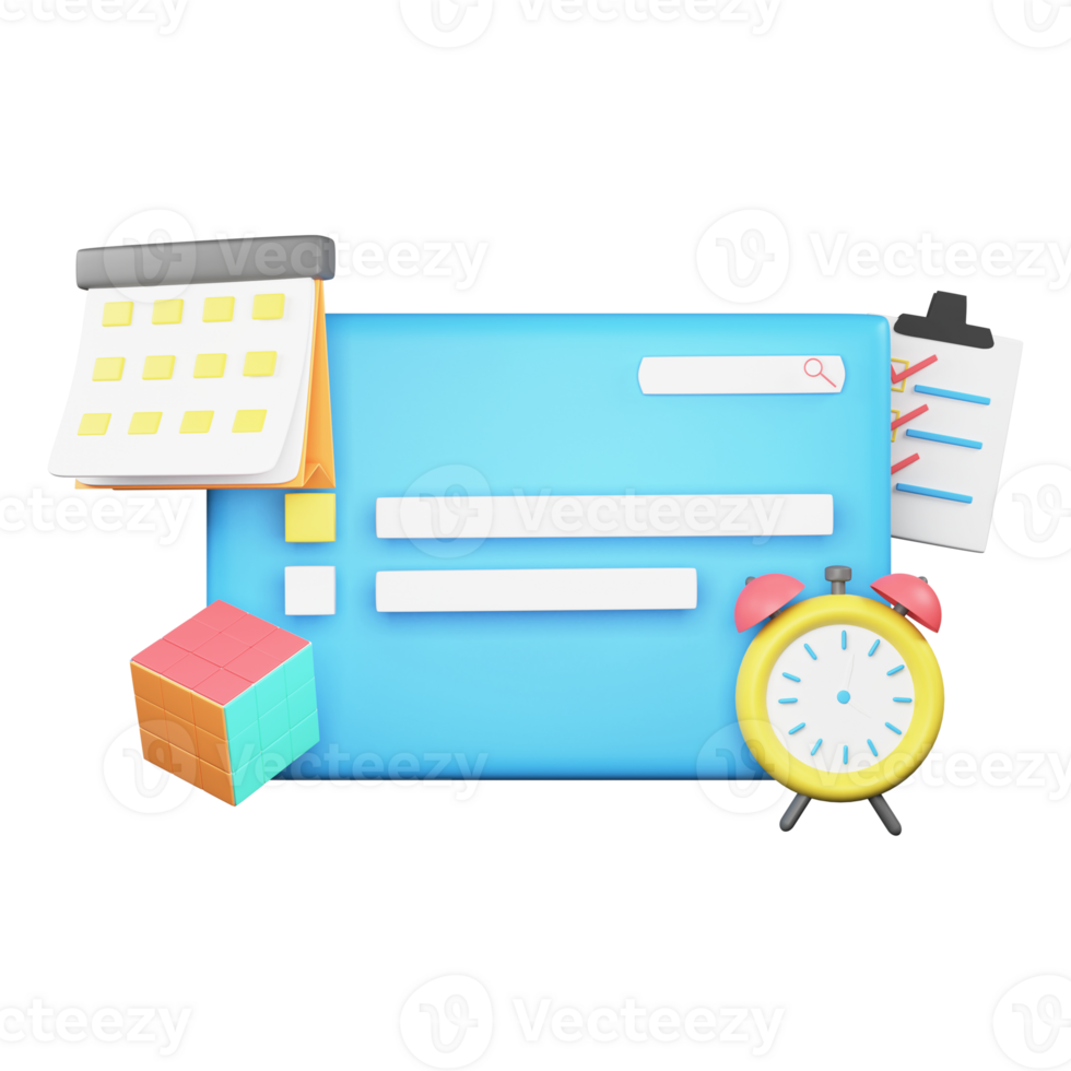 3D Rendering of Web Browser With Alarm Clock, Cube, Calendar, Checklist. png
