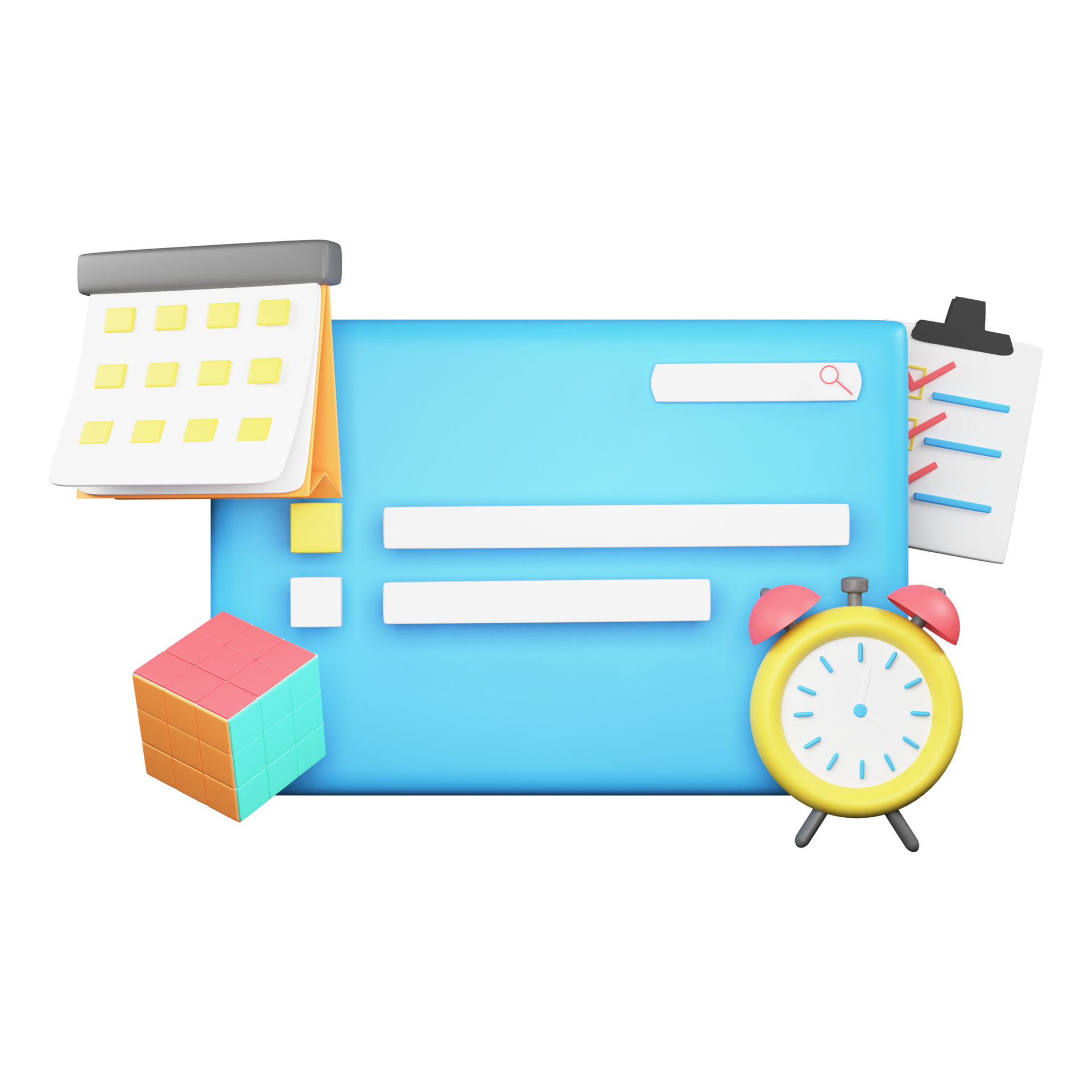 3D Rendering of  Browser With Alarm Clock, Cube, Calendar, Checklist