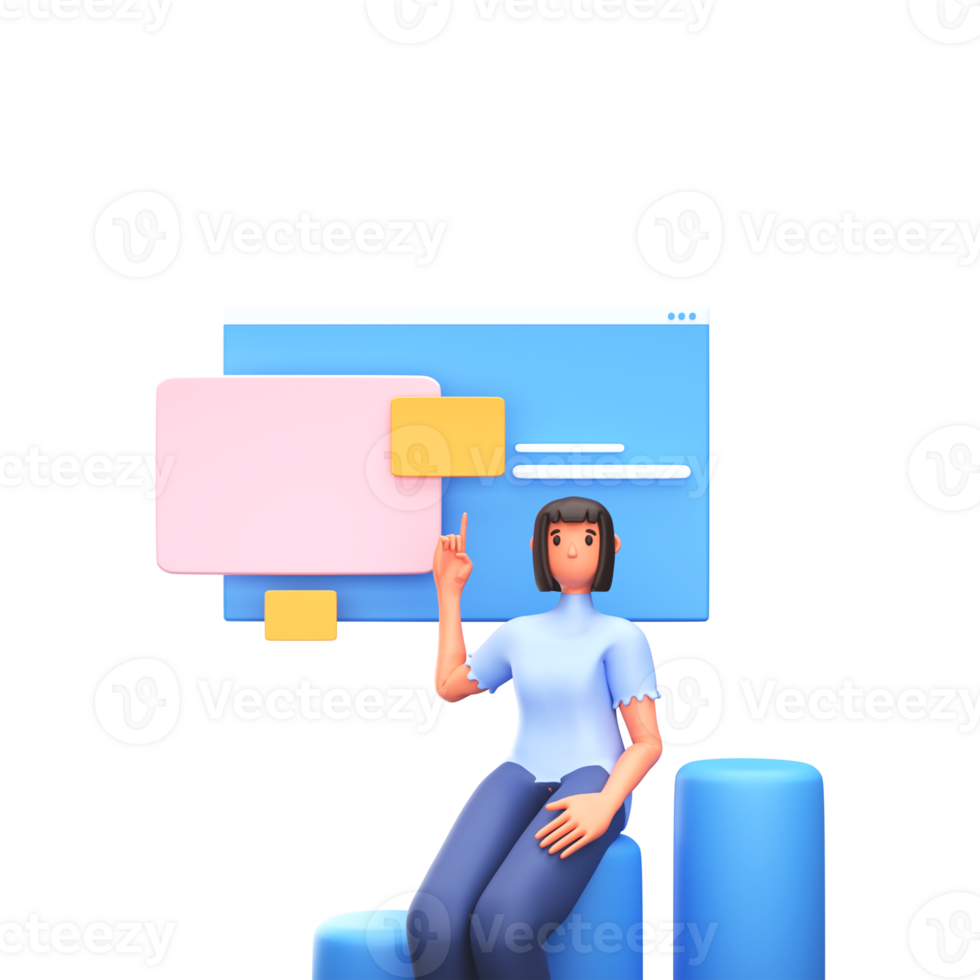 3D Render of Female Employee Sitting Over Bar Graph And Thumbnail Website. png
