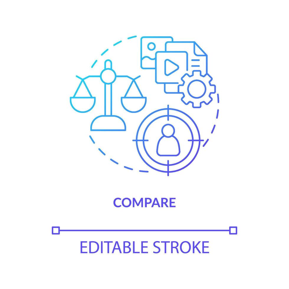 Compare and analyze blue gradient concept icon. Customers research. Content personalization engine abstract idea thin line illustration. Isolated outline drawing vector