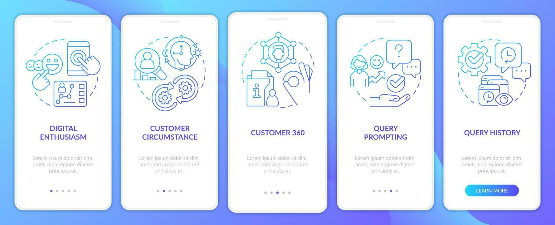 Improve interaction with customers blue gradient onboarding mobile app screen. Walkthrough 5 steps graphic instructions with linear concepts. UI, UX, GUI template vector