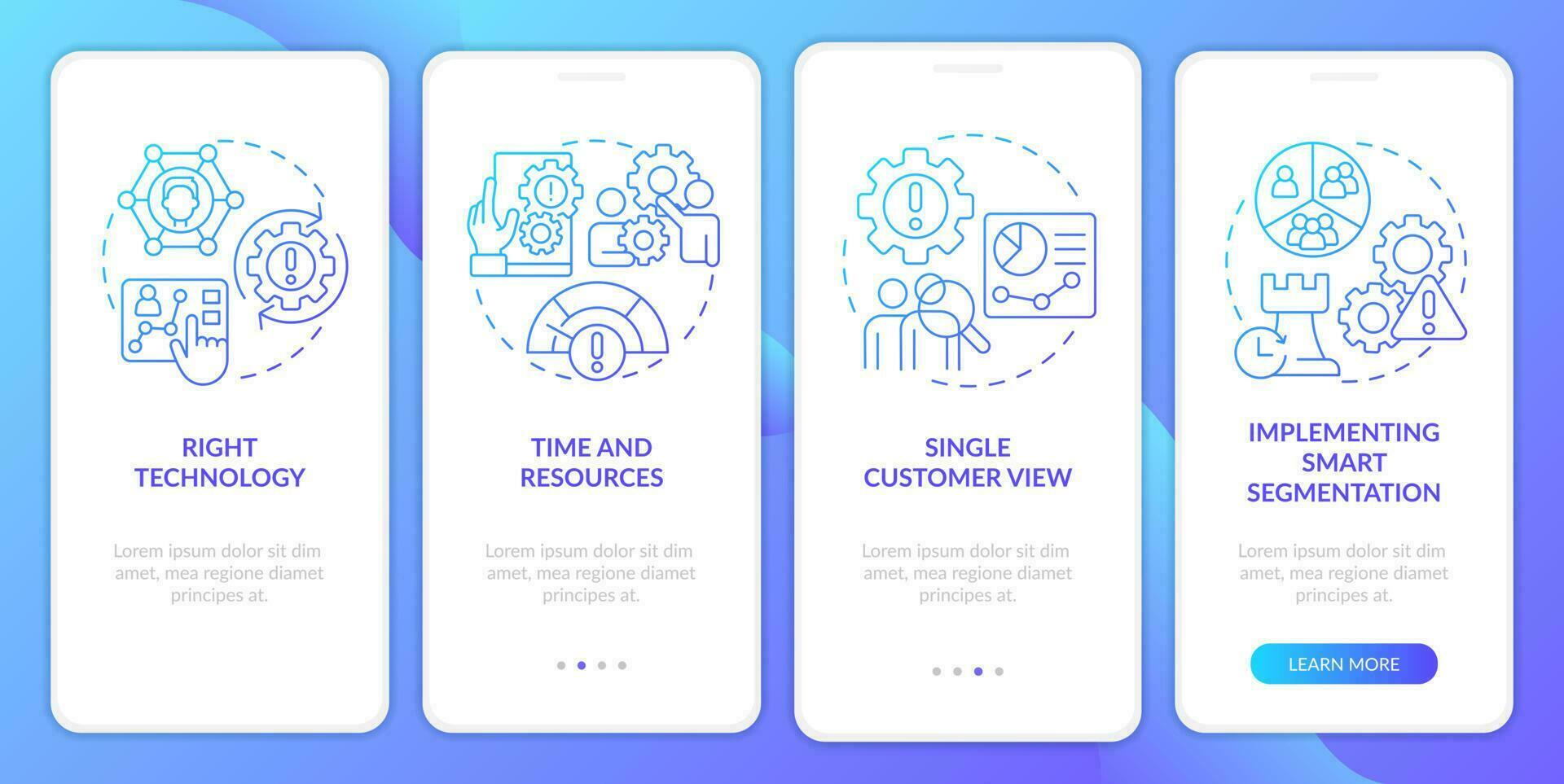 personalizado márketing Tareas azul degradado inducción móvil aplicación pantalla. recorrido 4 4 pasos gráfico instrucciones con lineal conceptos. ui, ux, gui modelo vector