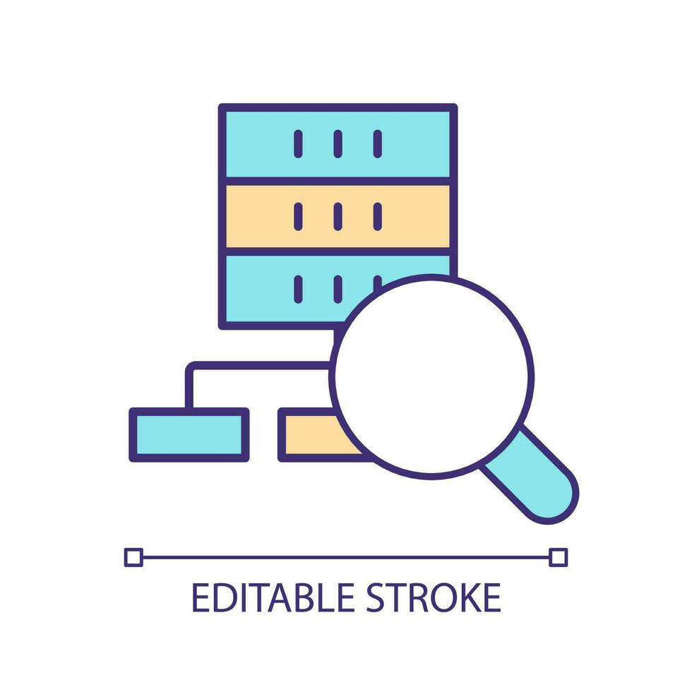Analyzing workflow RGB color icon. Audit structure. Check performance. Data organization. Searching error. Isolated vector illustration. Simple filled line drawing. Editable stroke