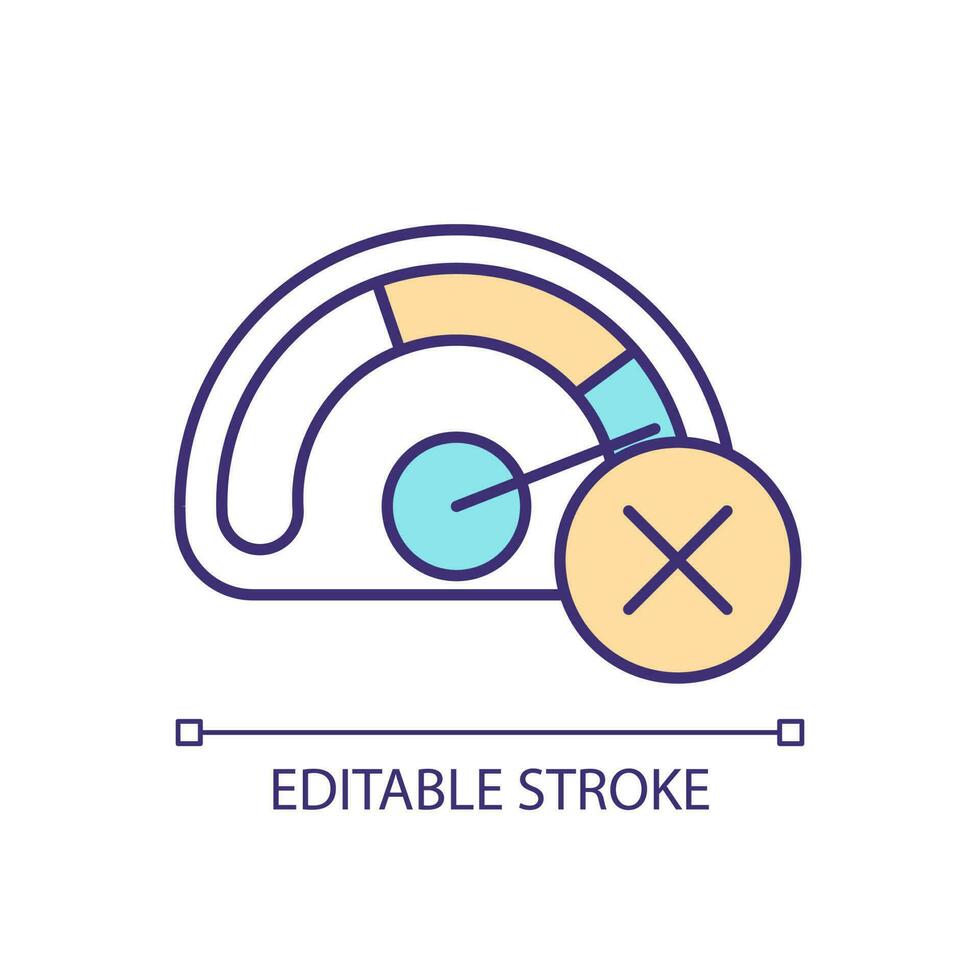 Exceeding limits RGB color icon. Maximum at speedometer. Restriction of quickness. Forbidden indicators. Isolated vector illustration. Simple filled line drawing. Editable stroke