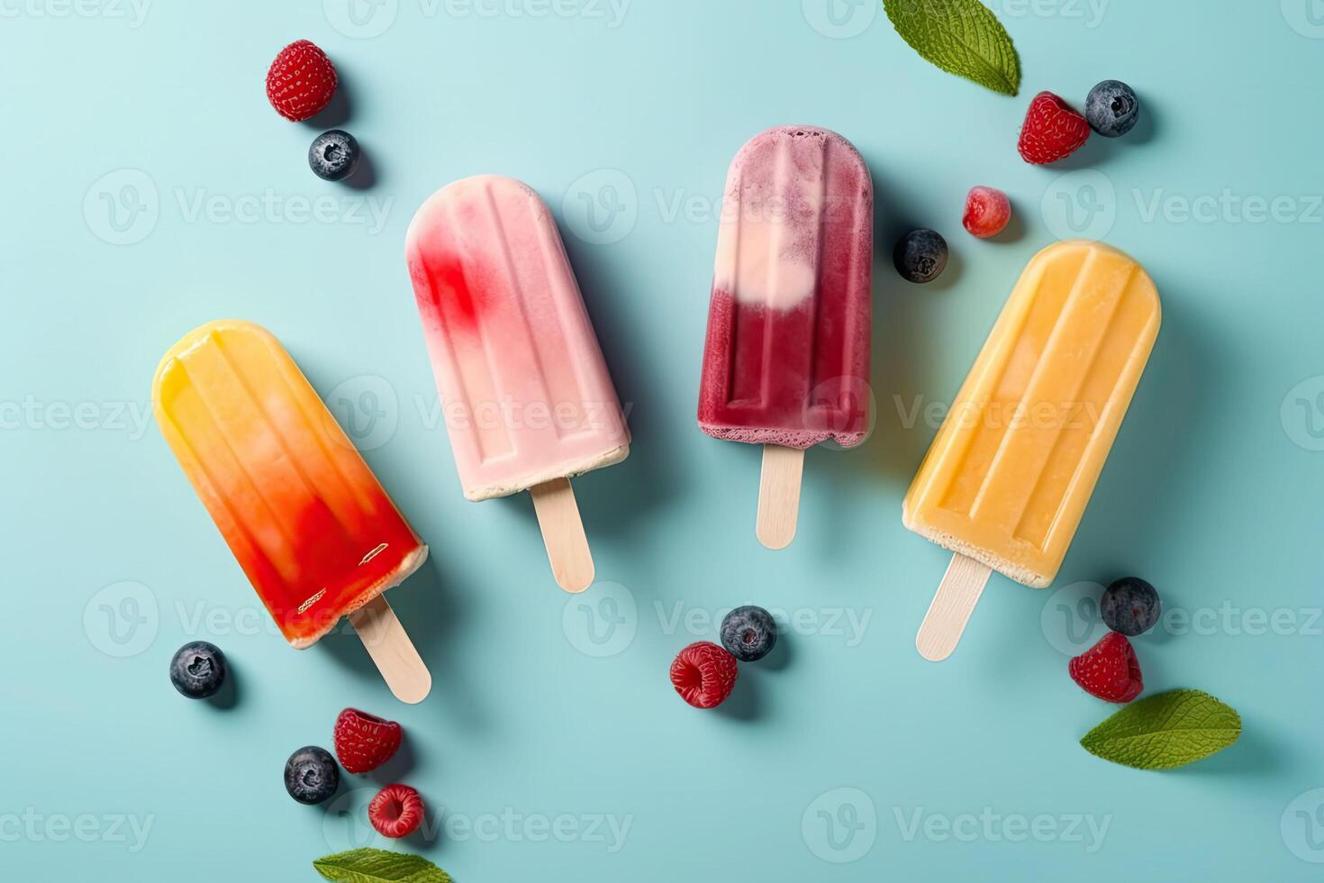 hielo crema Paletas de hielo con Fruta y bayas en pastel antecedentes. generativo ai foto