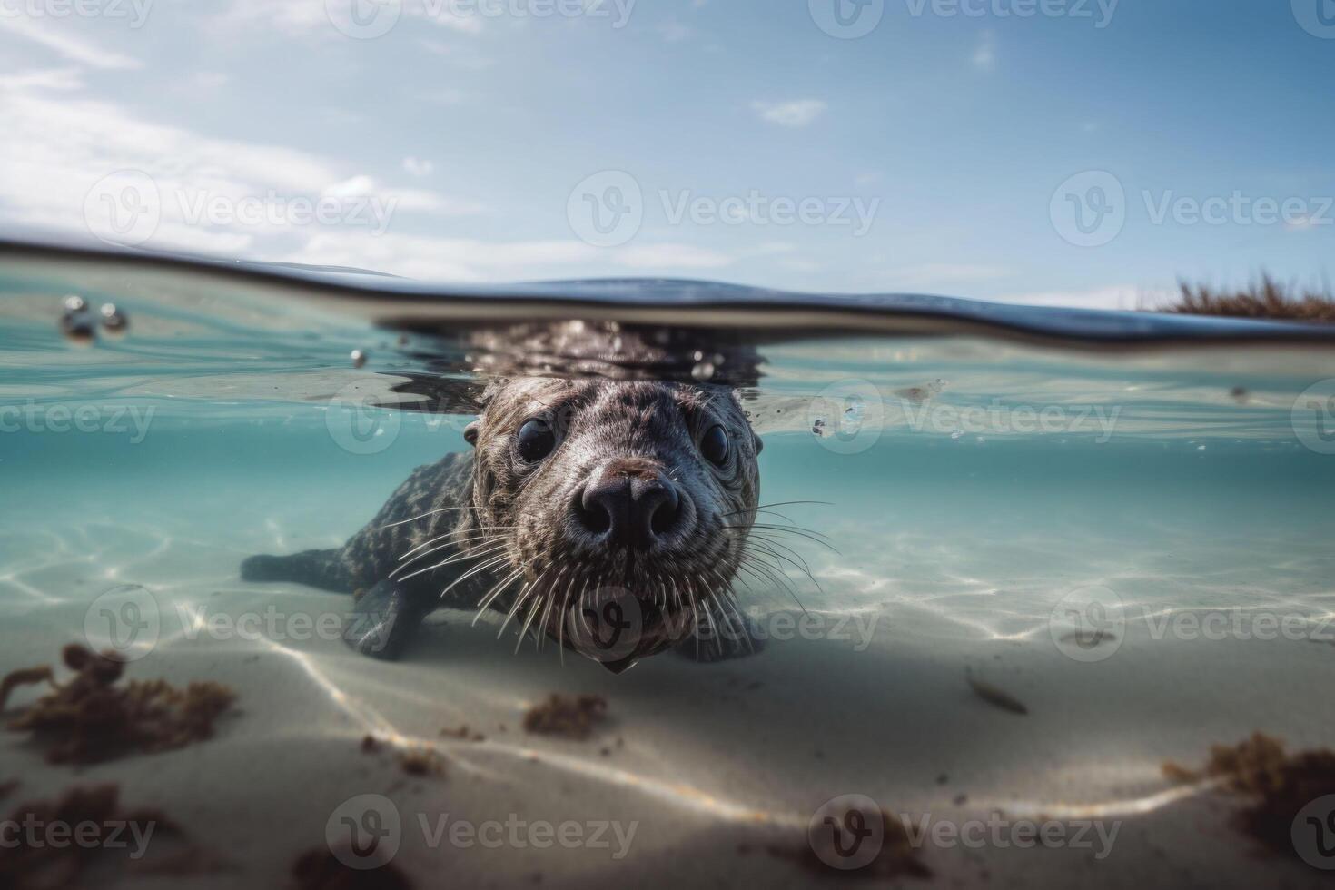 A cute sea otter swimming underwater. Waves on a sandy beach above water. photo