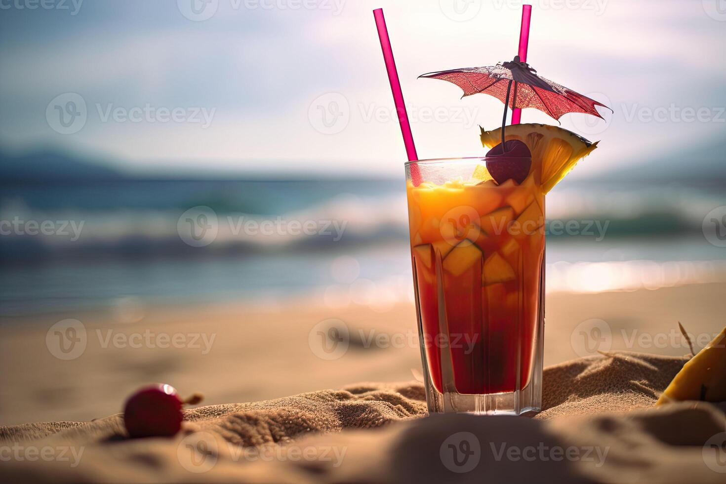 Tropical cocktail. Summer drinks and beach vacation background. photo