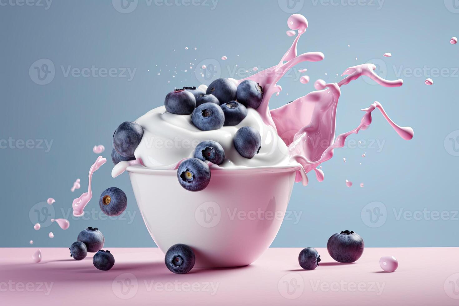 Splash of tasty yogurt and fresh blueberries on violet background. photo