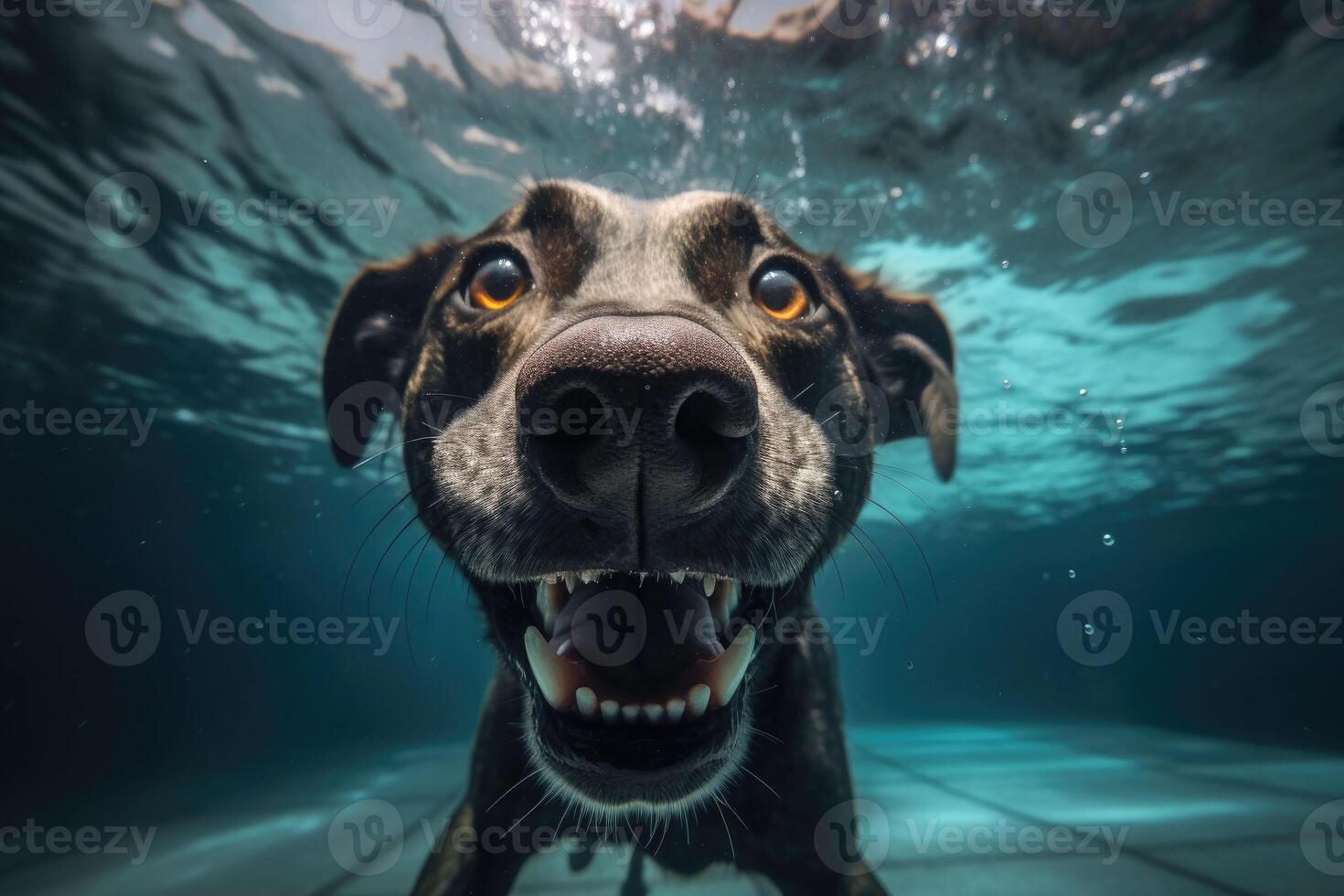 Underwater funny photo of dog, dive deep down. Summer vacation with pet. Closeup underwater photo of a dog. illustration