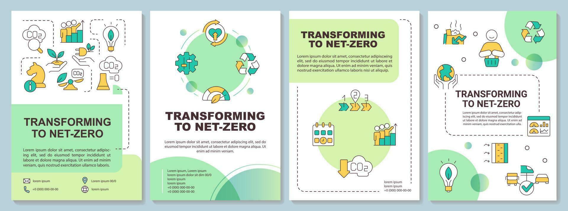 Transition to net zero green brochure template. Technology. Leaflet design with linear icons. Editable 4 vector layouts for presentation, annual reports