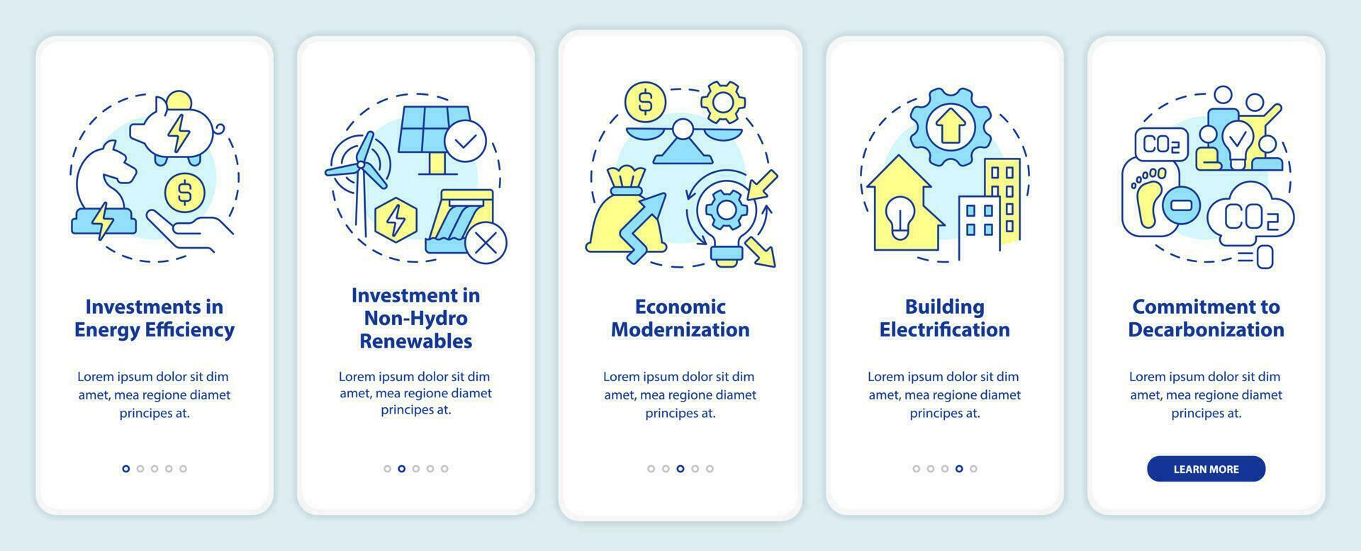 Net zero practices onboarding mobile app screen. Organization walkthrough 5 steps editable graphic instructions with linear concepts. UI, UX, GUI template vector