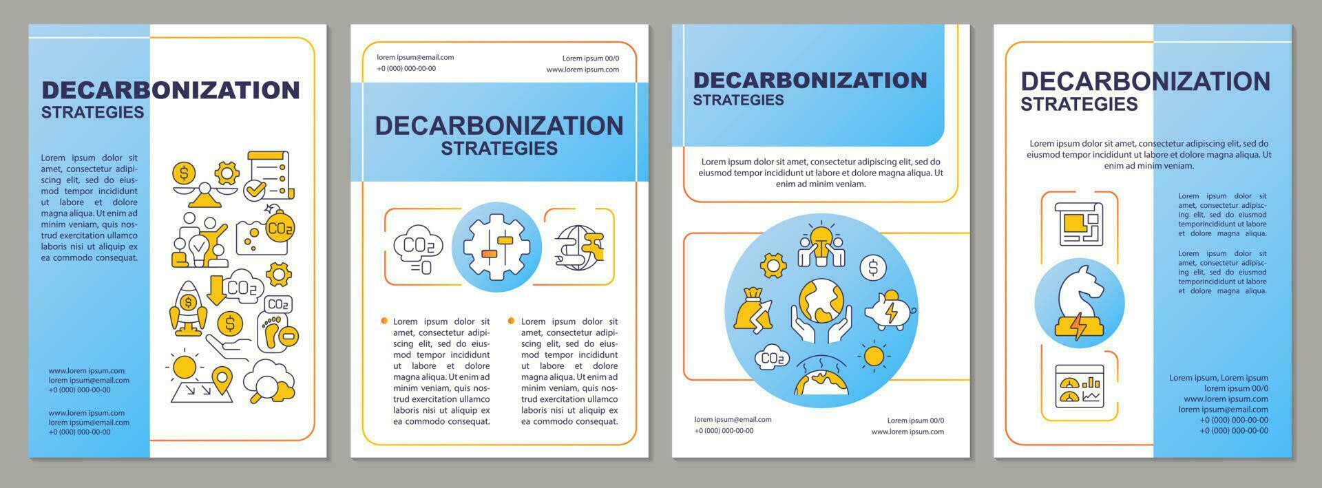 Carbon reducing strategies blue brochure template. Net zero. Leaflet design with linear icons. Editable 4 vector layouts for presentation, annual reports