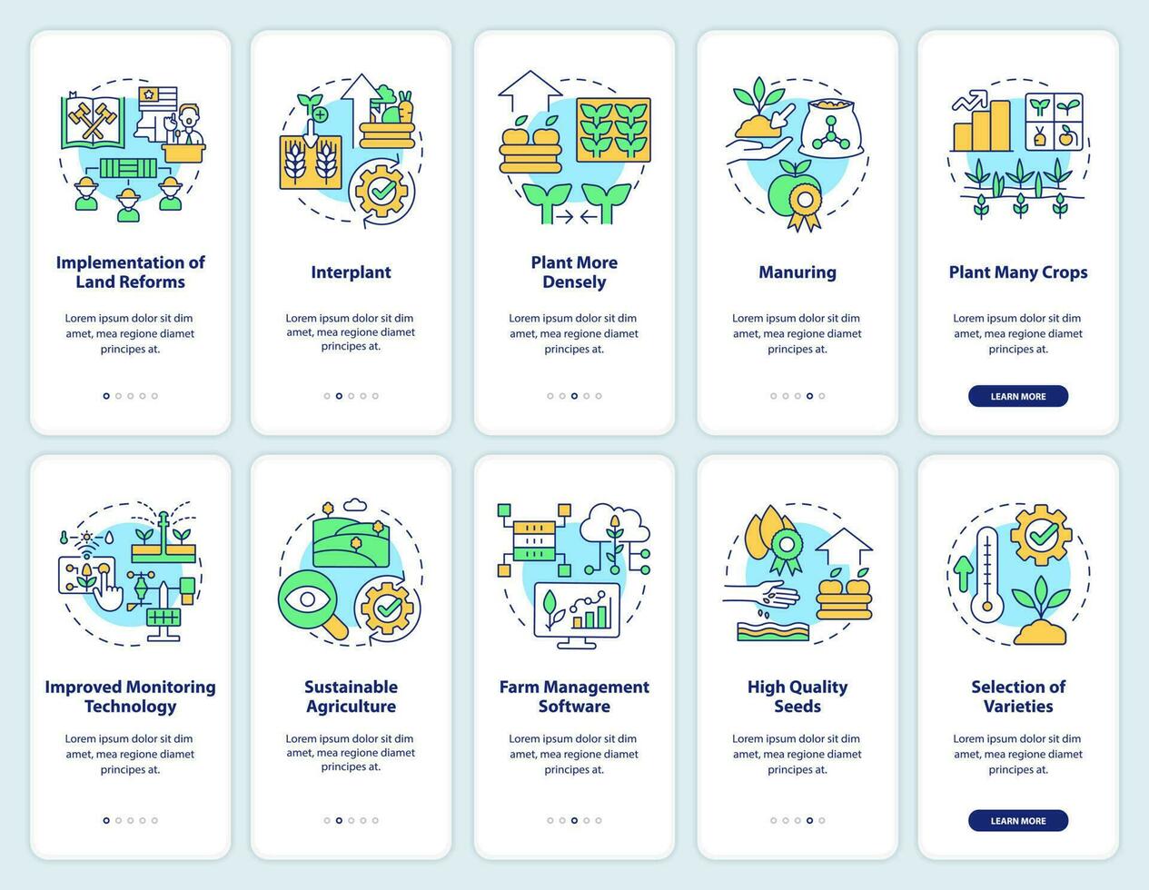 Farming productivity onboarding mobile app screen set. Walkthrough 5 steps editable graphic instructions with linear concepts. UI, UX, GUI template vector