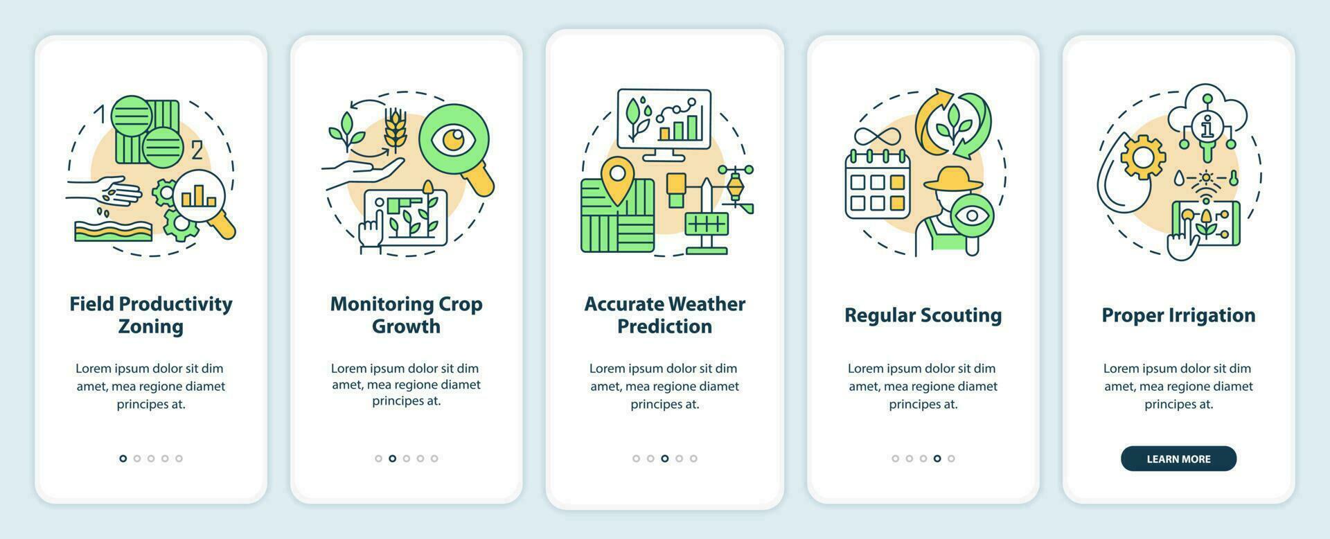 Increased crop yield factors onboarding mobile app screen. Walkthrough 5 steps editable graphic instructions with linear concepts. UI, UX, GUI template vector