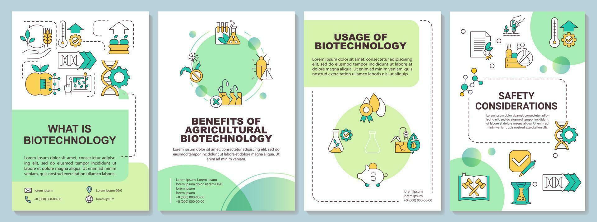 Agricultural biotechnology basics green brochure template. Leaflet design with linear icons. Editable 4 vector layouts for presentation, annual reports