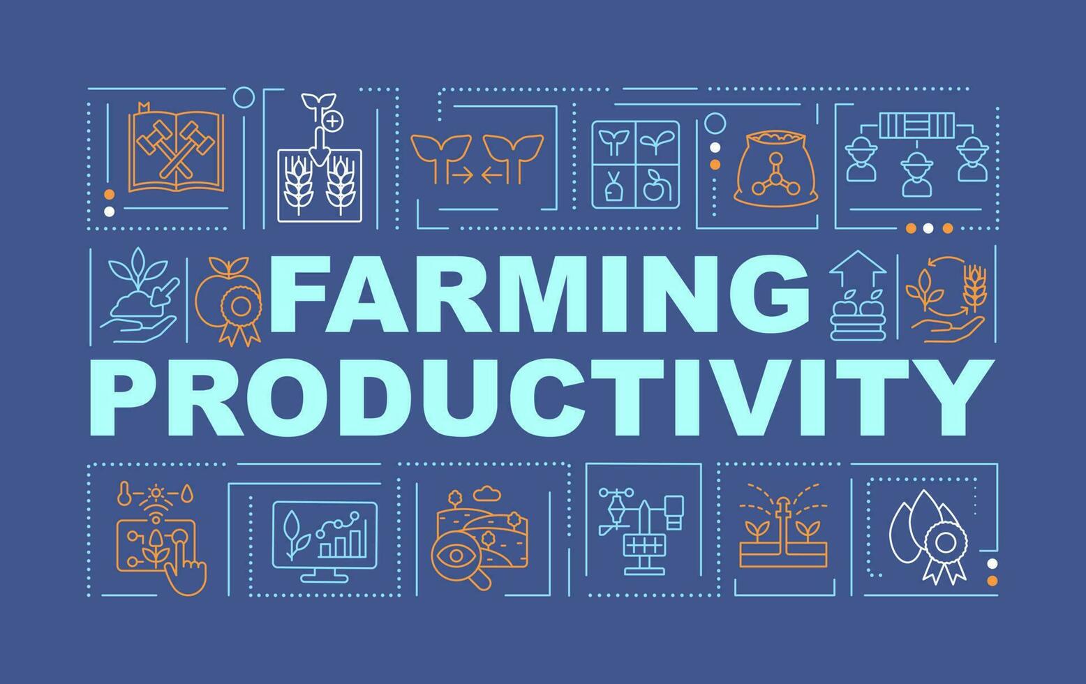 Farming productivity word concepts dark blue banner. Agribusiness. Infographics with editable icons on color background. Isolated typography. Vector illustration with text