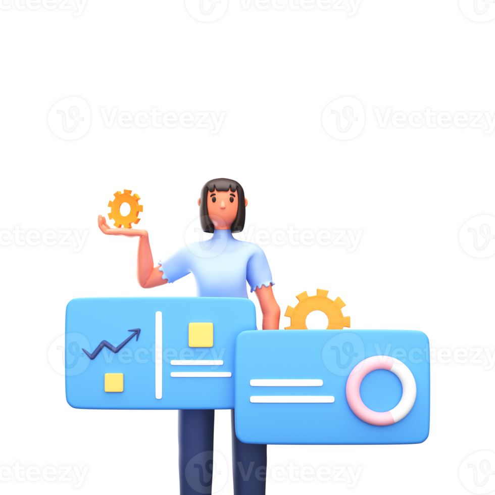 3D Render of Businesswoman Or Employee Holding Cogwheel And Presentation Infographic Diagram. png