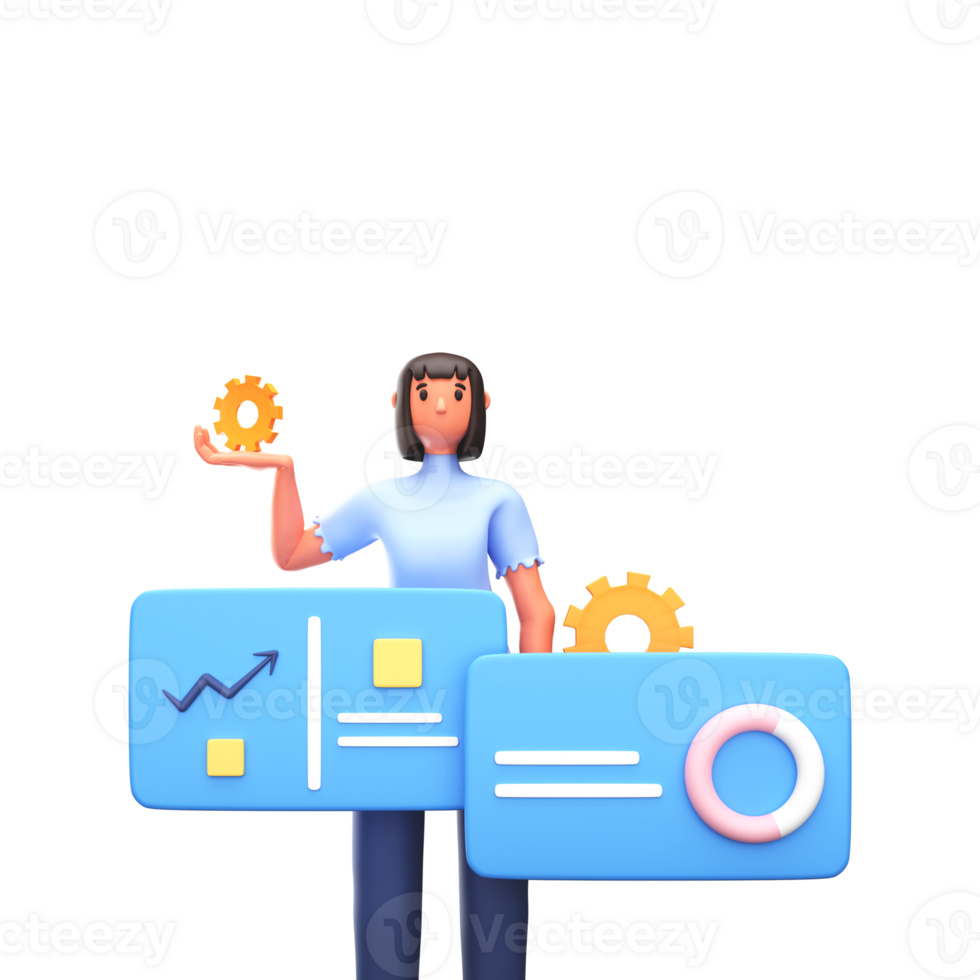 3d render do empresária ou empregado segurando roda dentada e apresentação infográfico diagrama. png