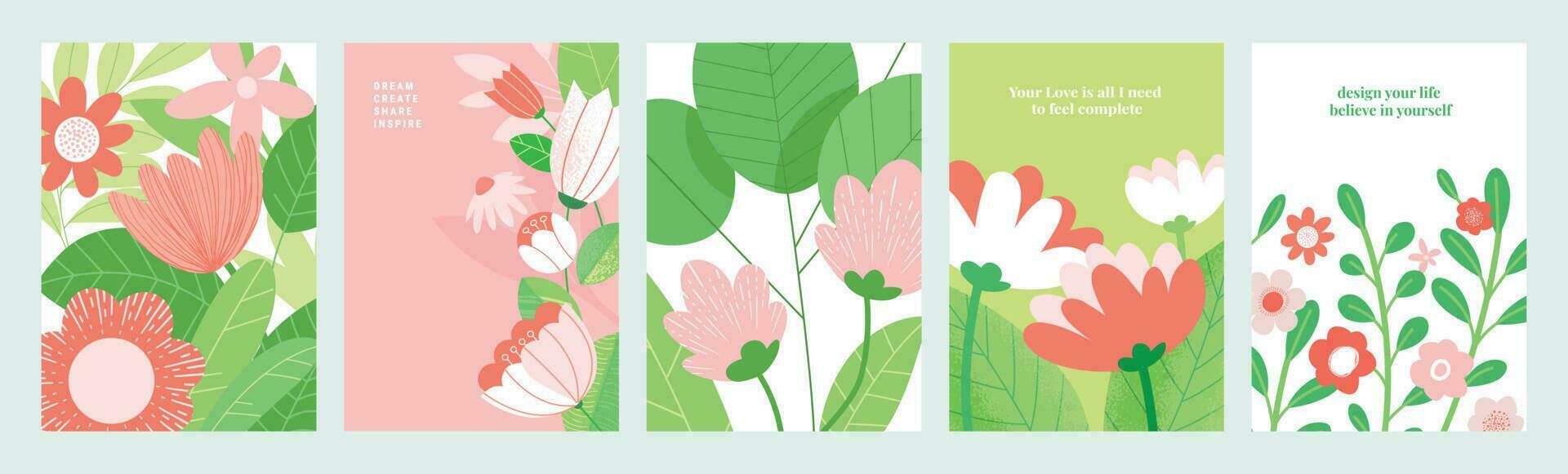 Set of natural and floral vector illustrations for beauty and fashion, greeting card, invitation card for wedding, web and social media banner, brochure cover, marketing material.