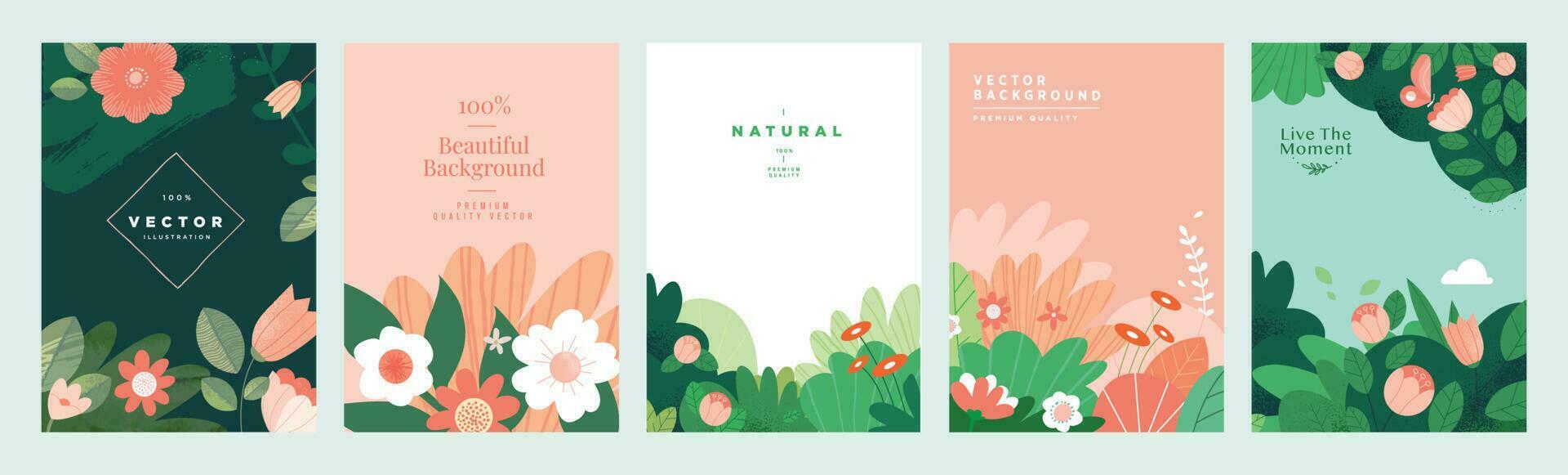 Set of natural and floral vector illustrations for beauty and fashion, greeting card, invitation card for wedding, web and social media banner, brochure cover, marketing material.