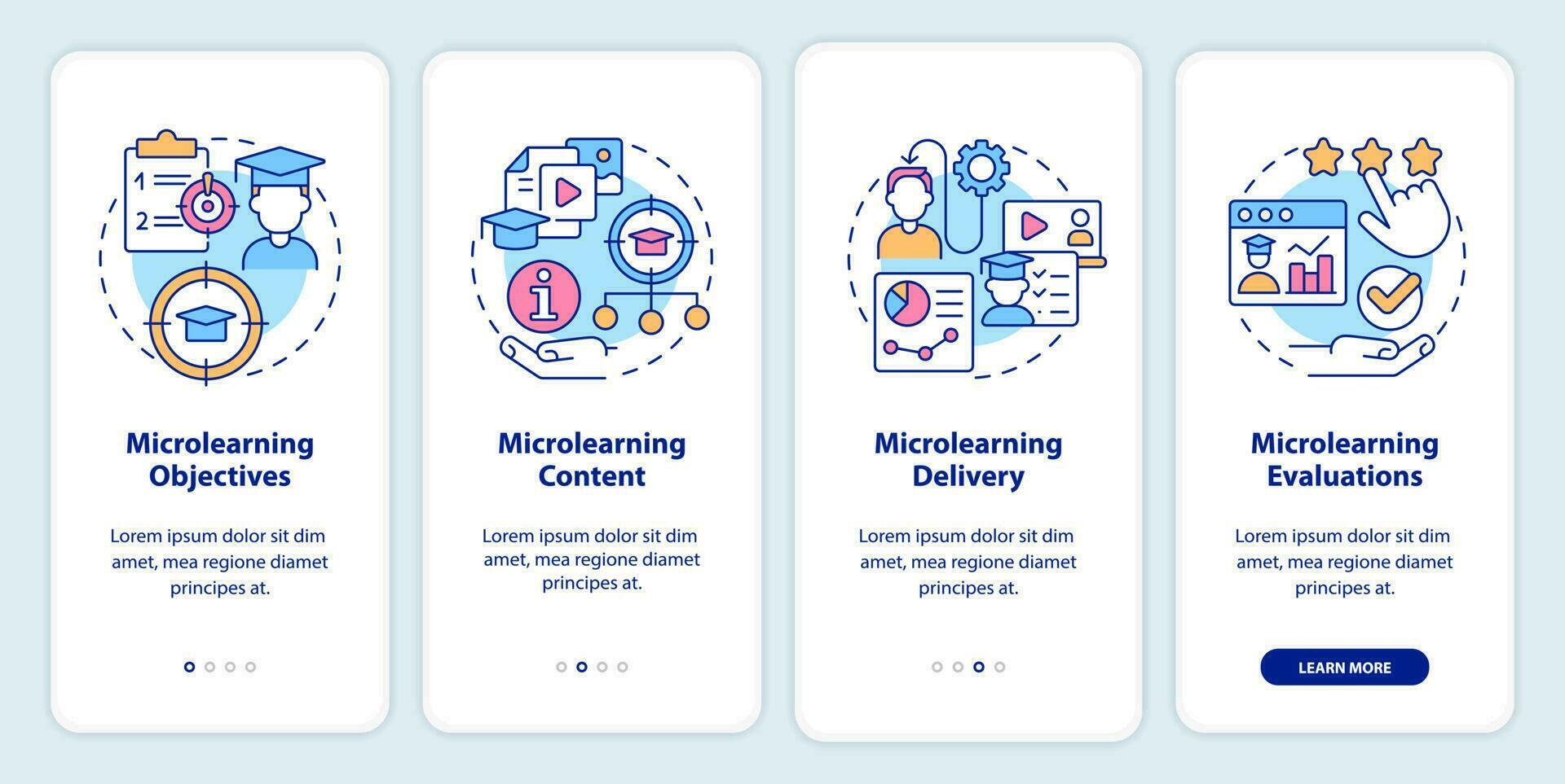 Elements of microlearning onboarding mobile app screen. Content walkthrough 4 steps editable graphic instructions with linear concepts. UI, UX, GUI template vector
