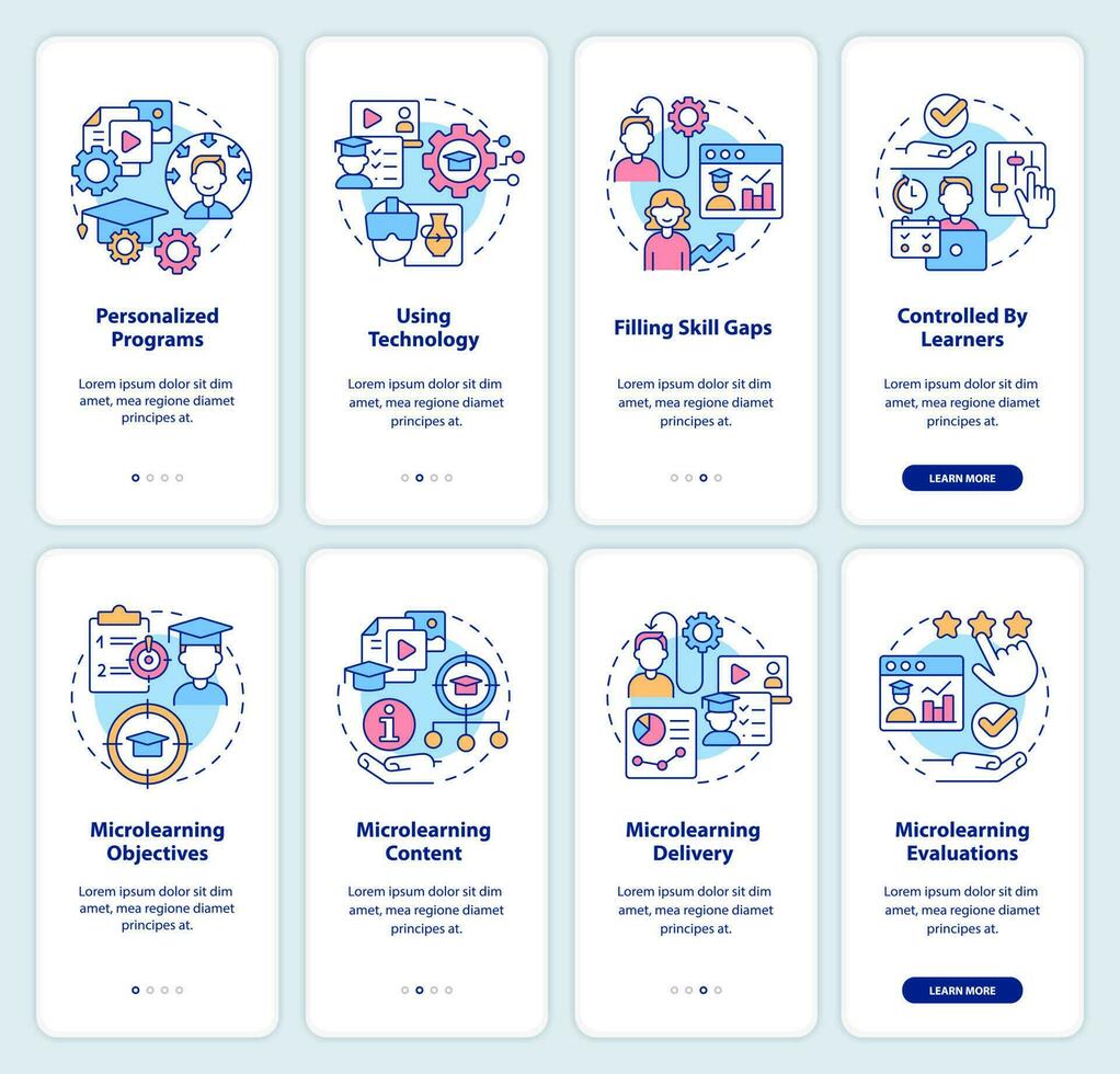 Microlearning approach onboarding mobile app screen set. E learning walkthrough 4 steps editable graphic instructions with linear concepts. UI, UX, GUI template vector