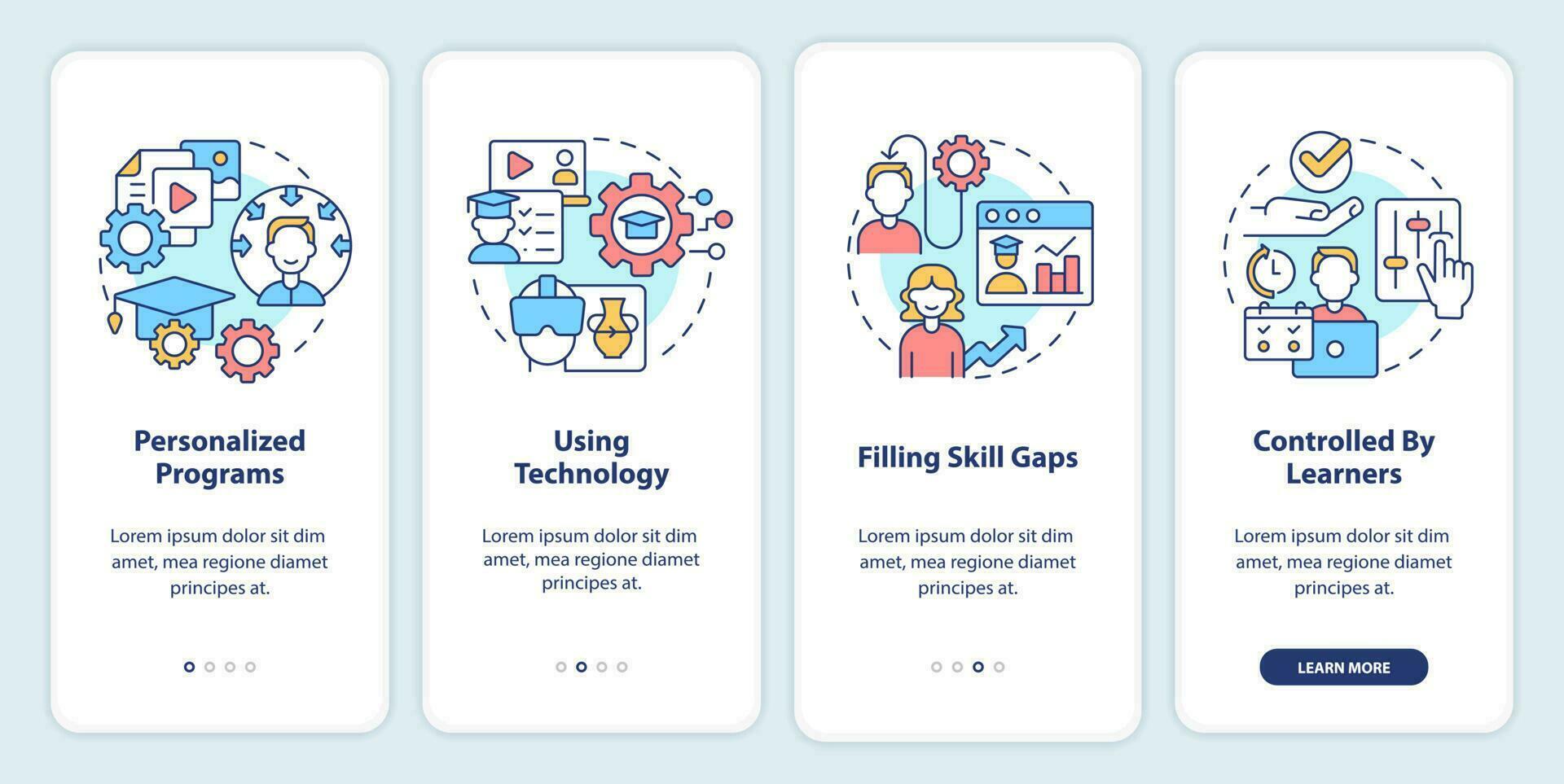 Microlearning practices onboarding mobile app screen. Using technology walkthrough 4 steps editable graphic instructions with linear concepts. UI, UX, GUI template vector