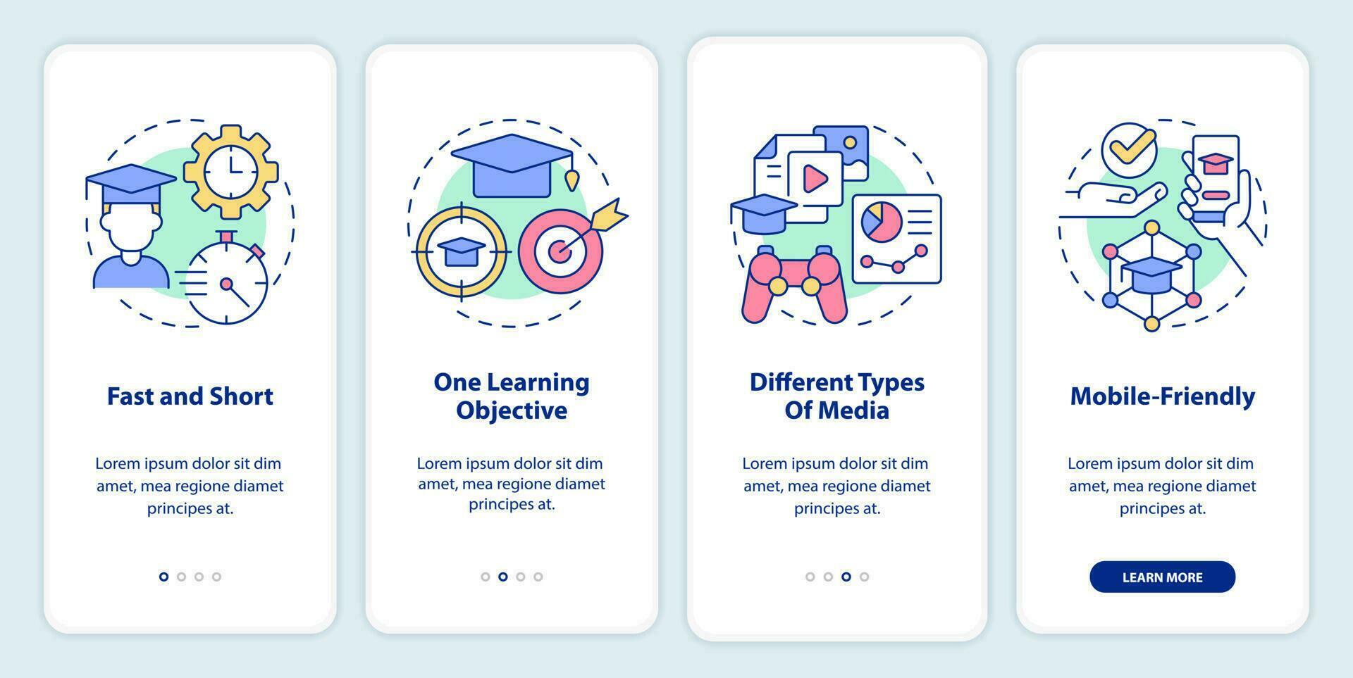 Principles of microlearning onboarding mobile app screen. Fast, short walkthrough 4 steps editable graphic instructions with linear concepts. UI, UX, GUI template vector