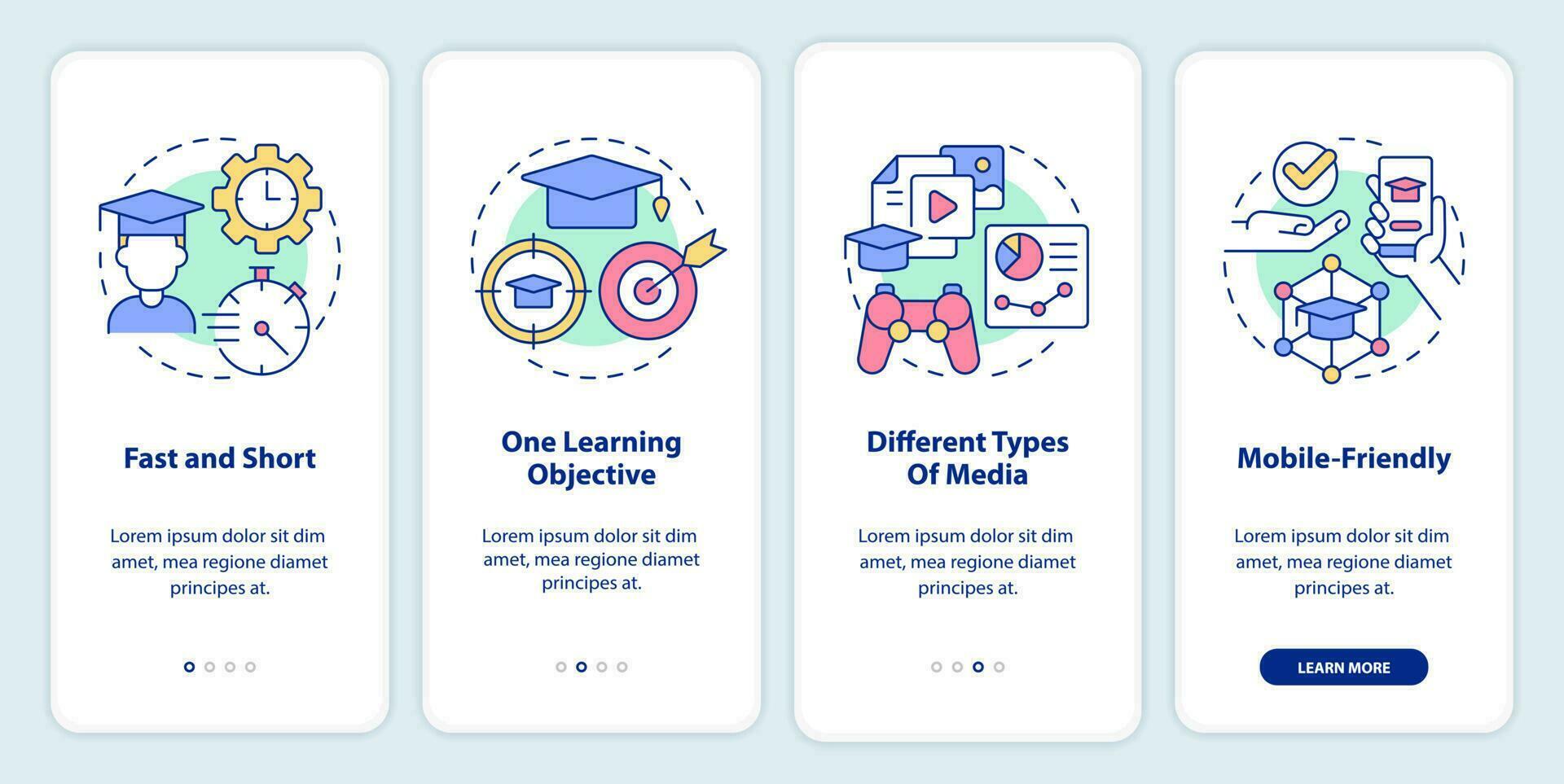 principios de microaprendizaje inducción móvil aplicación pantalla. rápido, corto recorrido 4 4 pasos editable gráfico instrucciones con lineal conceptos. ui, ux, gui modelo vector