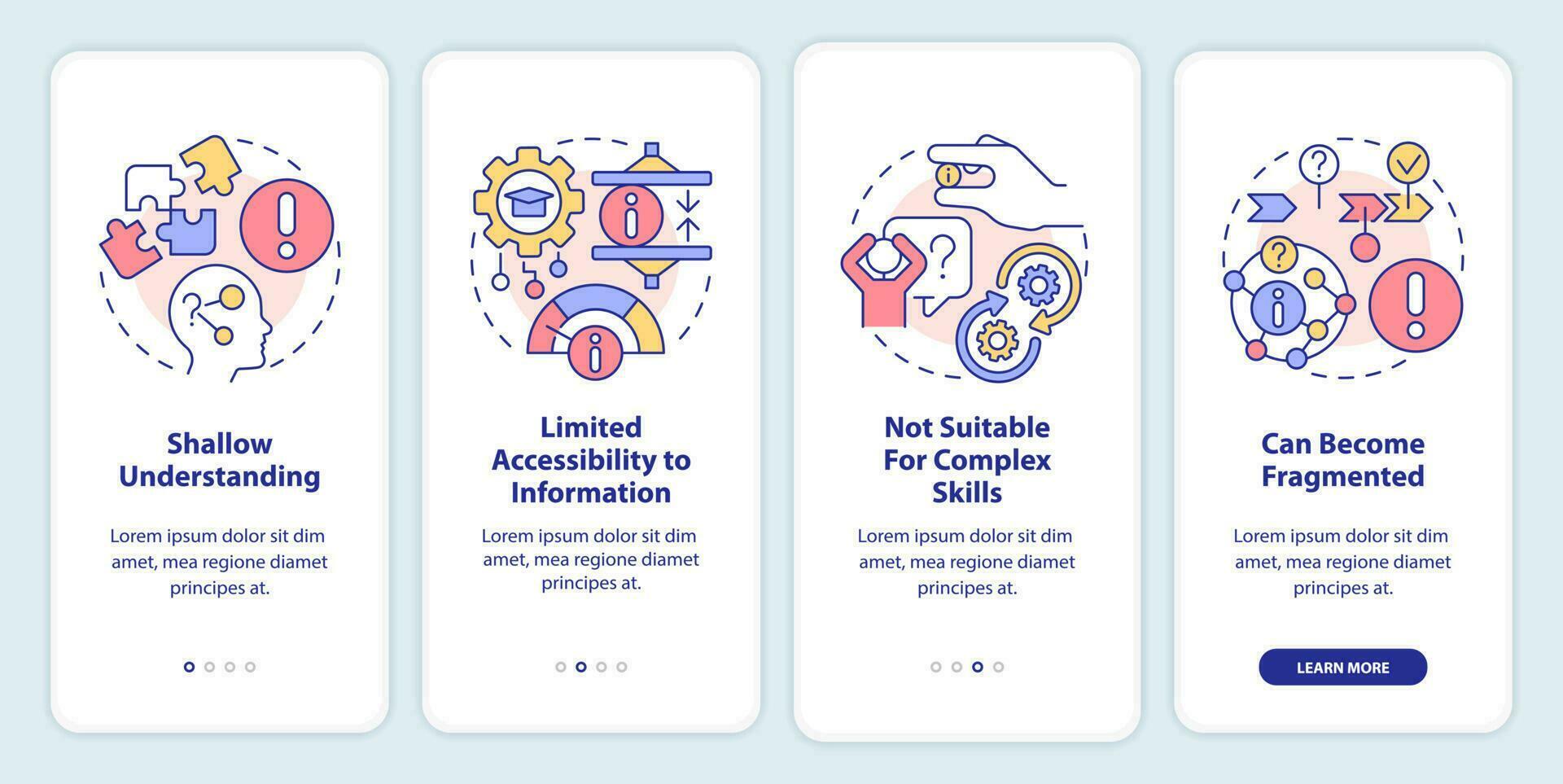Disadvantages of microlearning onboarding mobile app screen. Limits walkthrough 4 steps editable graphic instructions with linear concepts. UI, UX, GUI template vector