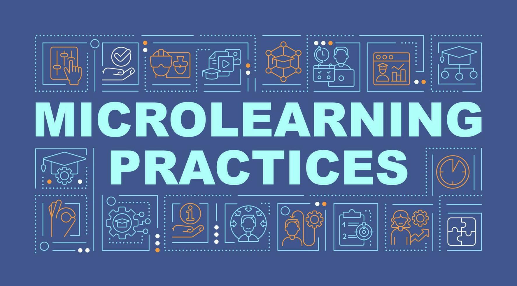 Micro learning strategies word concepts dark blue banner. Elearning. Infographics with editable icons on color background. Isolated typography. Vector illustration with text