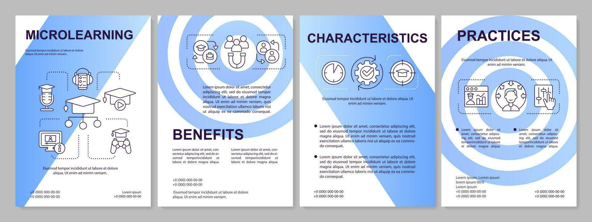 Micro learning blue gradient brochure template. Benefits and practices. Leaflet design with linear icons. 4 vector layouts for presentation, annual reports