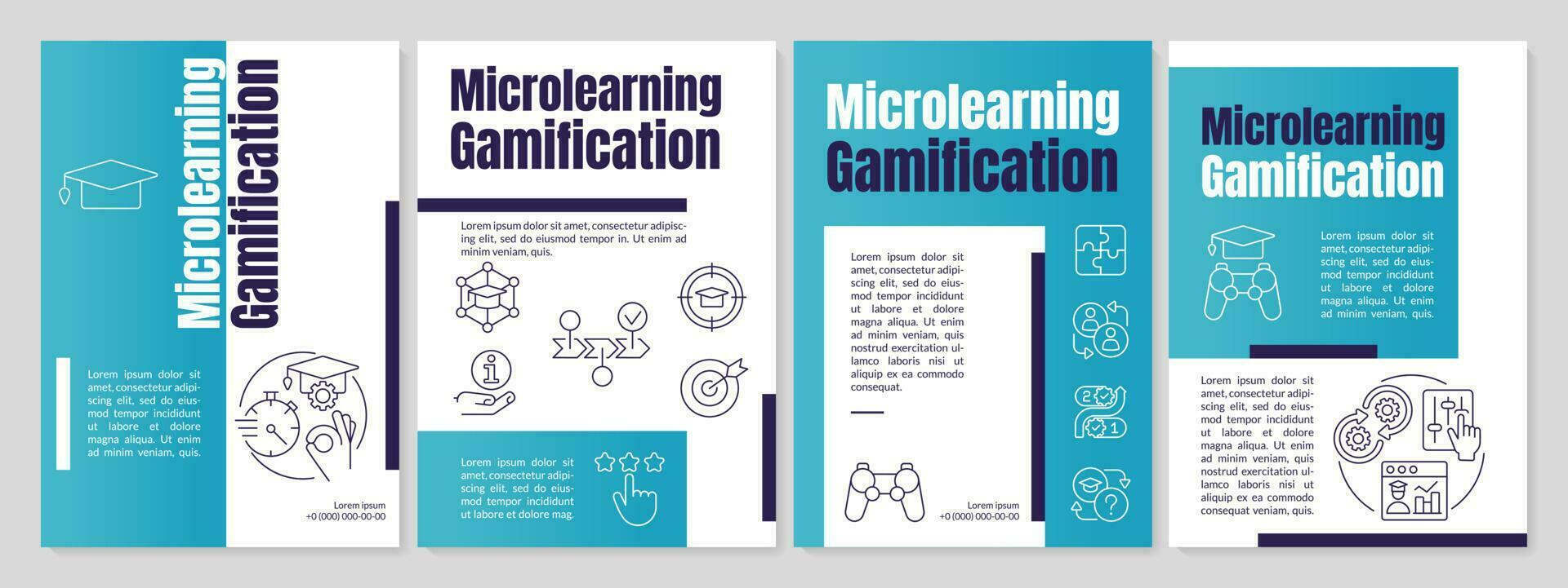 Gamified micro learning teal brochure template. Training. Leaflet design with linear icons. Editable 4 vector layouts for presentation, annual reports