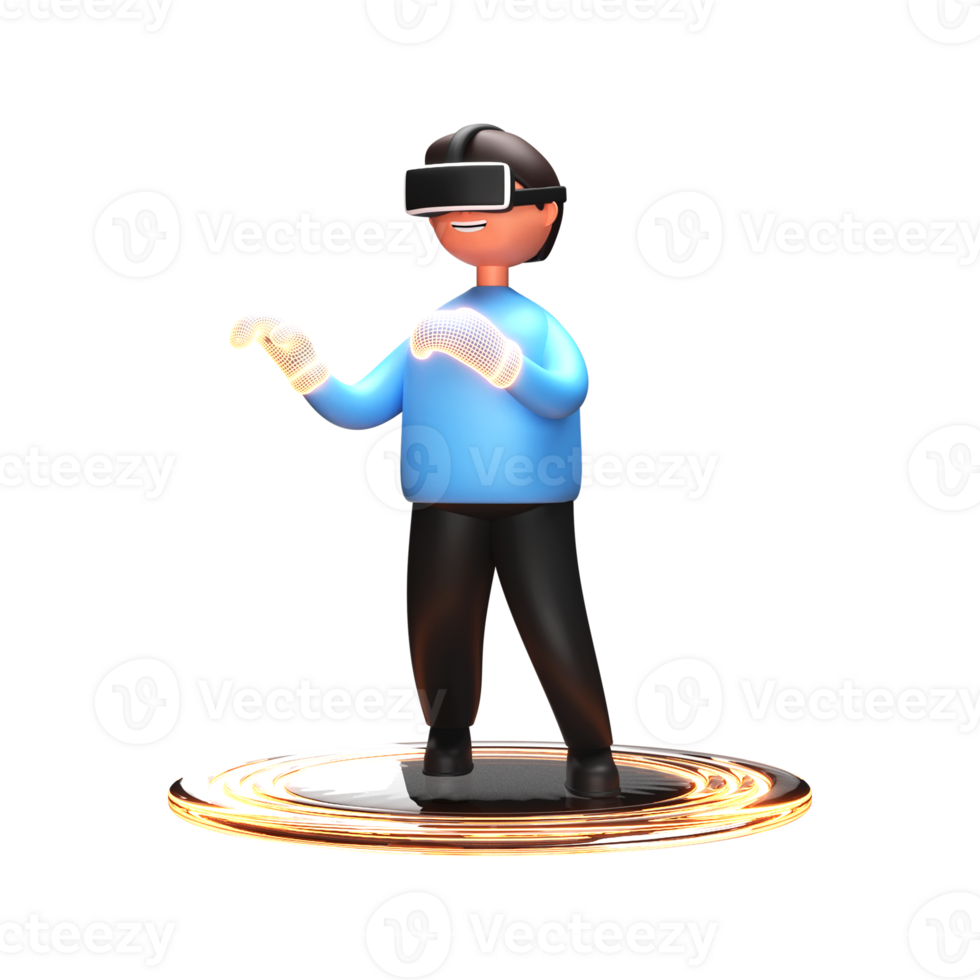 3D Rendering of a Male Character Wearing VR Goggle with Experiencing Wireframed Gloves In His Hands Standing on Golden Podium. png