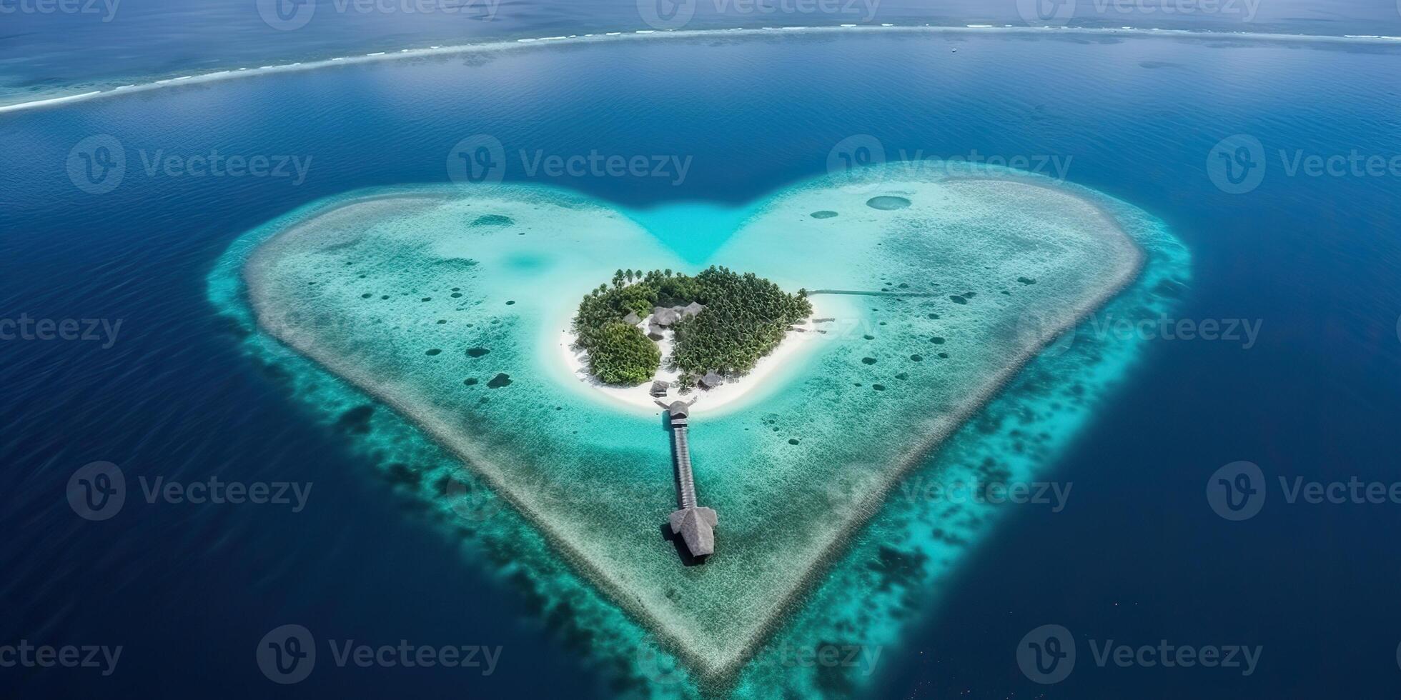 . . Aerial drone photo realistic illustration of island maldives in heart shape. Paradise adventure vacation tropical vibe. Graphic Art